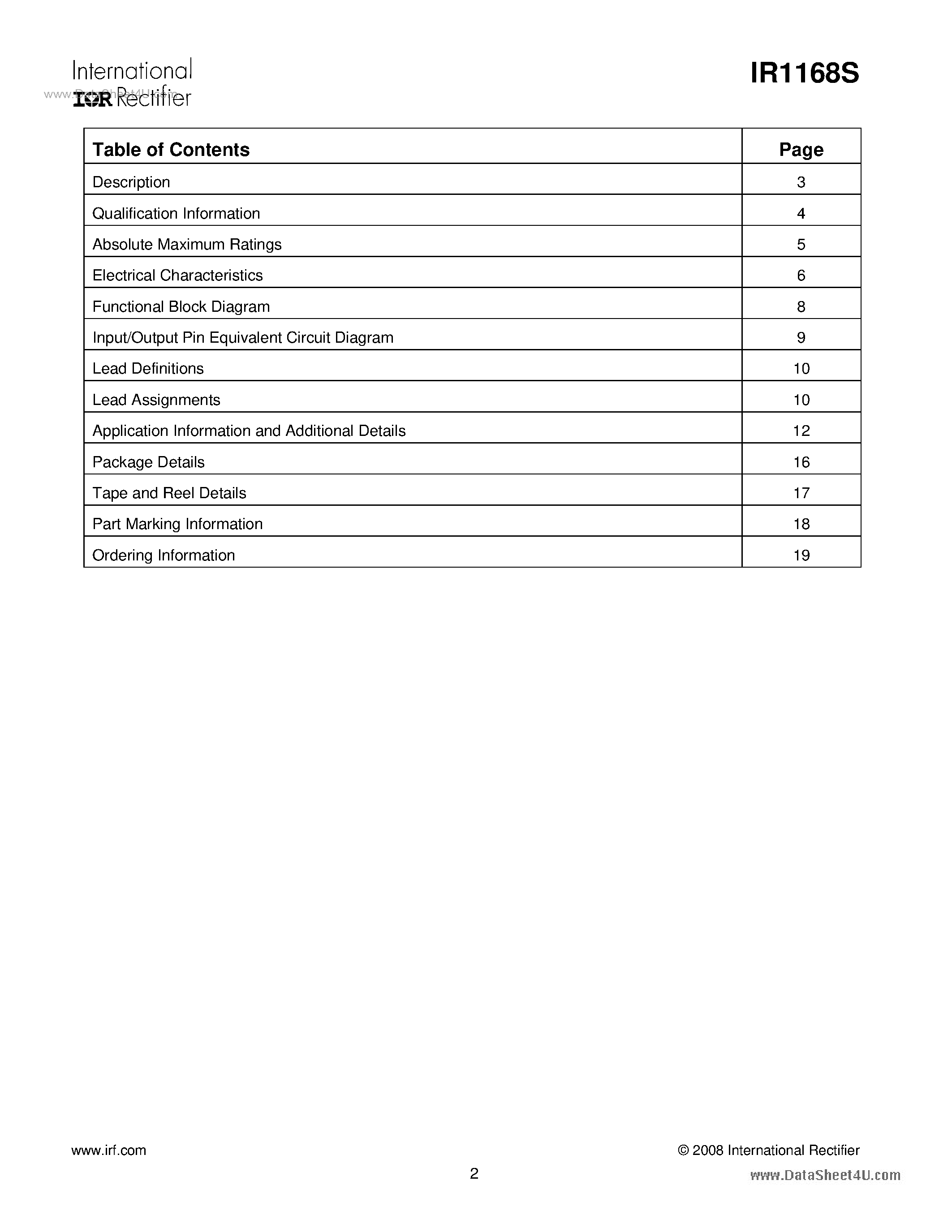 Datasheet IR1168S - DUAL SMART RECTIFIER DRIVER IC page 2