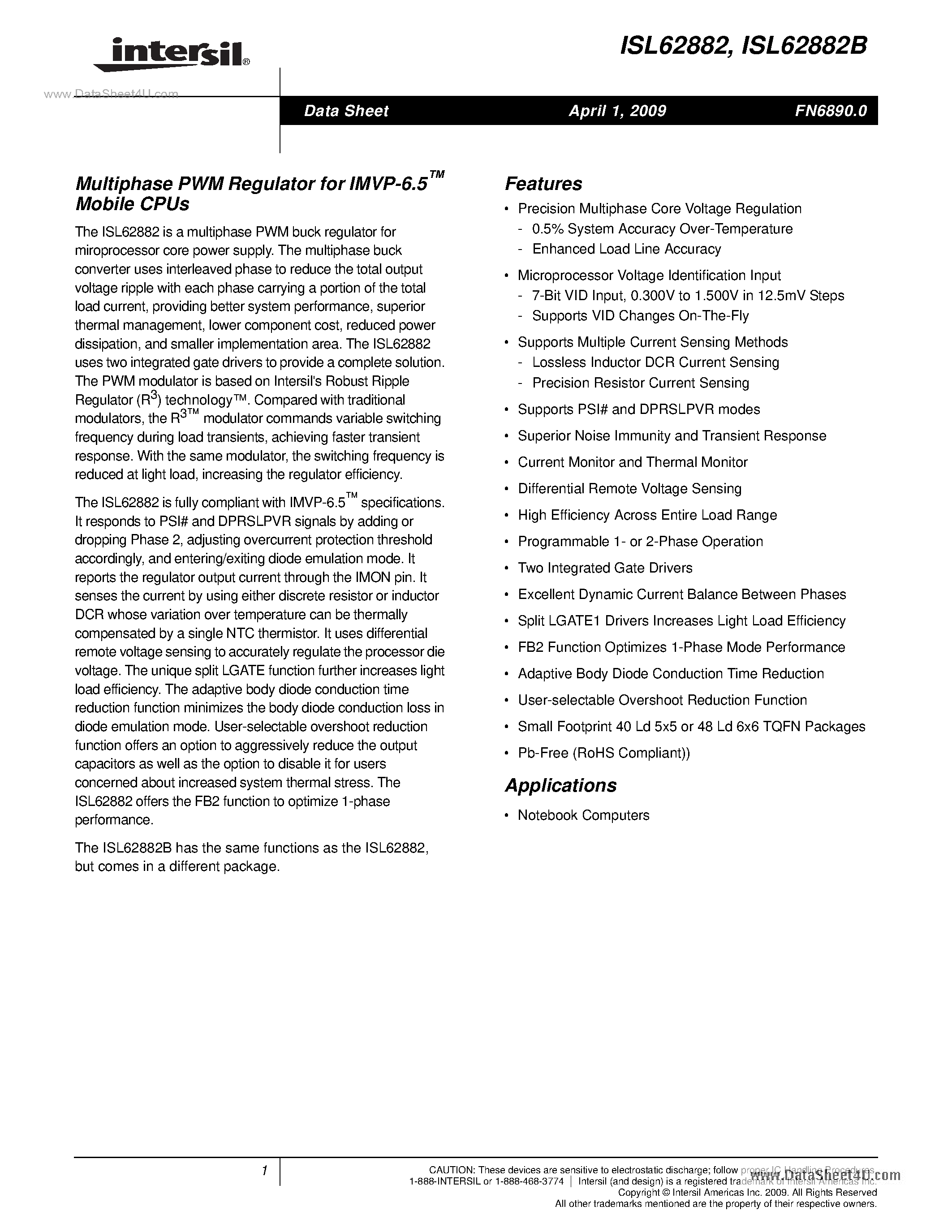 Datasheet ISL62882 - Multiphase PWM Regulator page 1