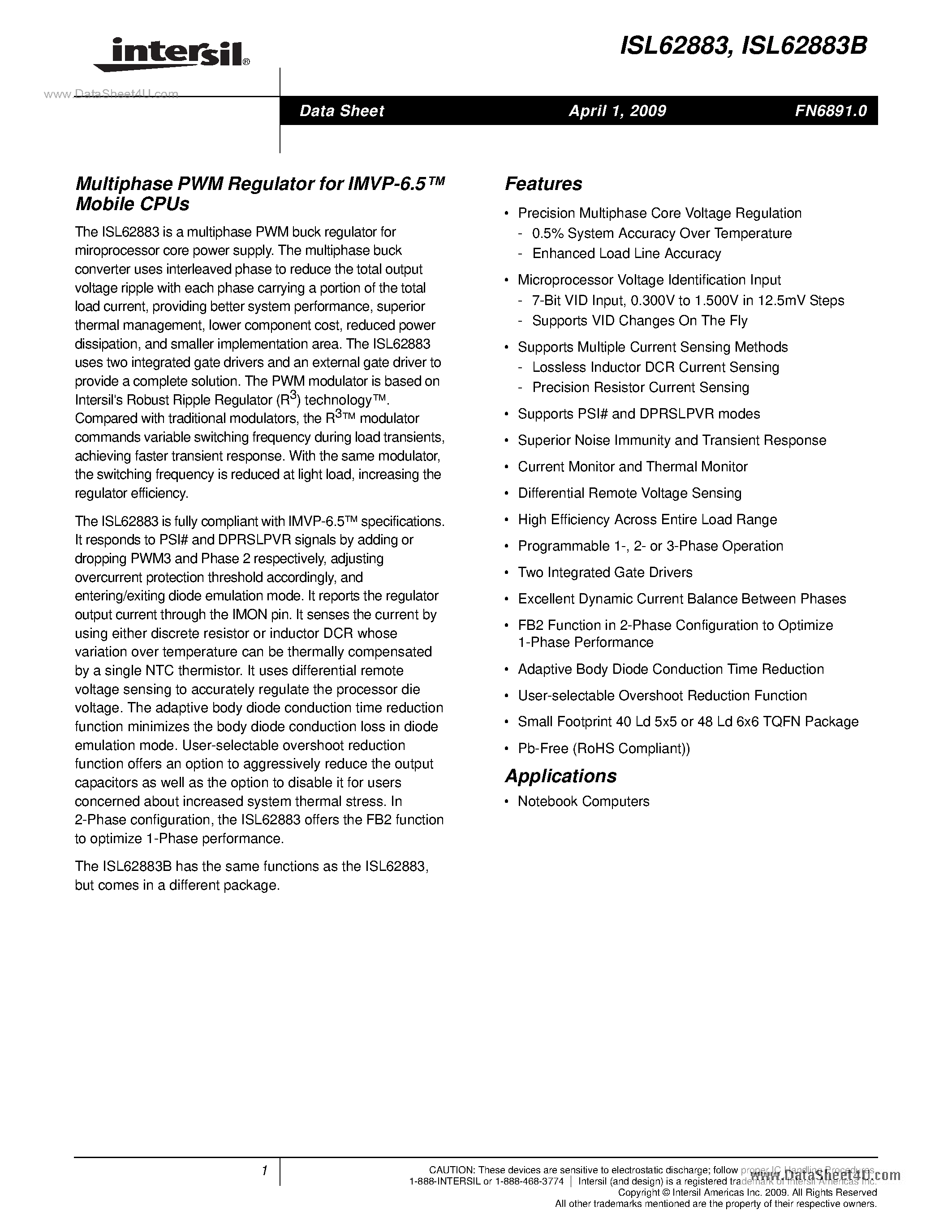 Datasheet ISL62883 - Multiphase PWM Regulator page 1