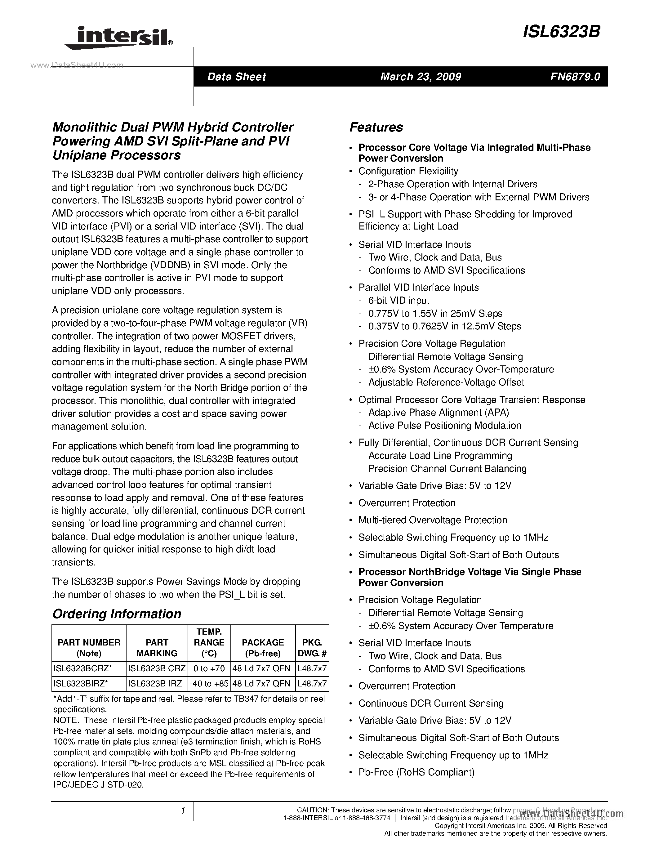 Datasheet ISL6323B - Monolithic Dual PWM Hybrid Controller Powering AMD SVI Split-Plane And PVI Uniplane Processors page 1