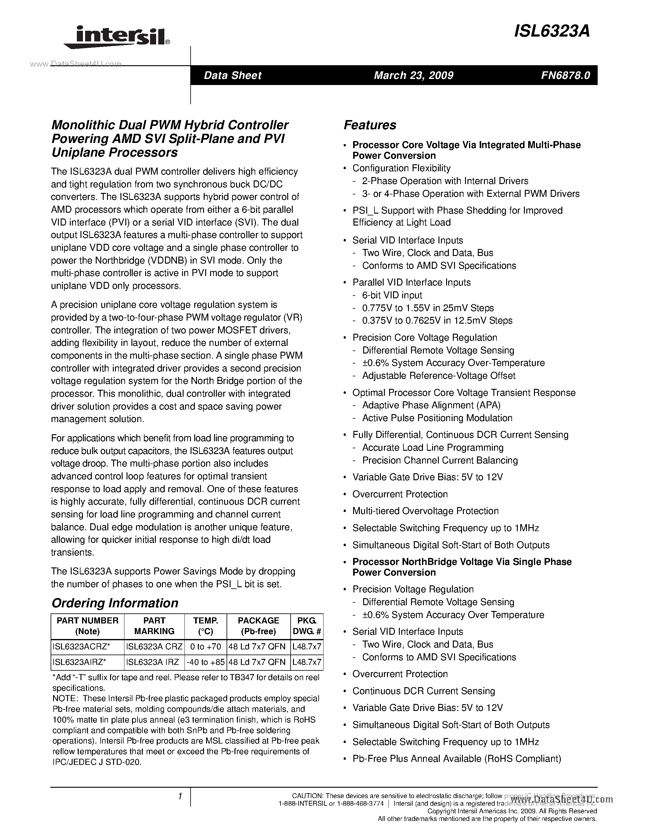 Datasheet ISL6323A - Monolithic Dual PWM Hybrid Controller Powering AMD SVI Split-Plane And PVI Uniplane Processors page 1