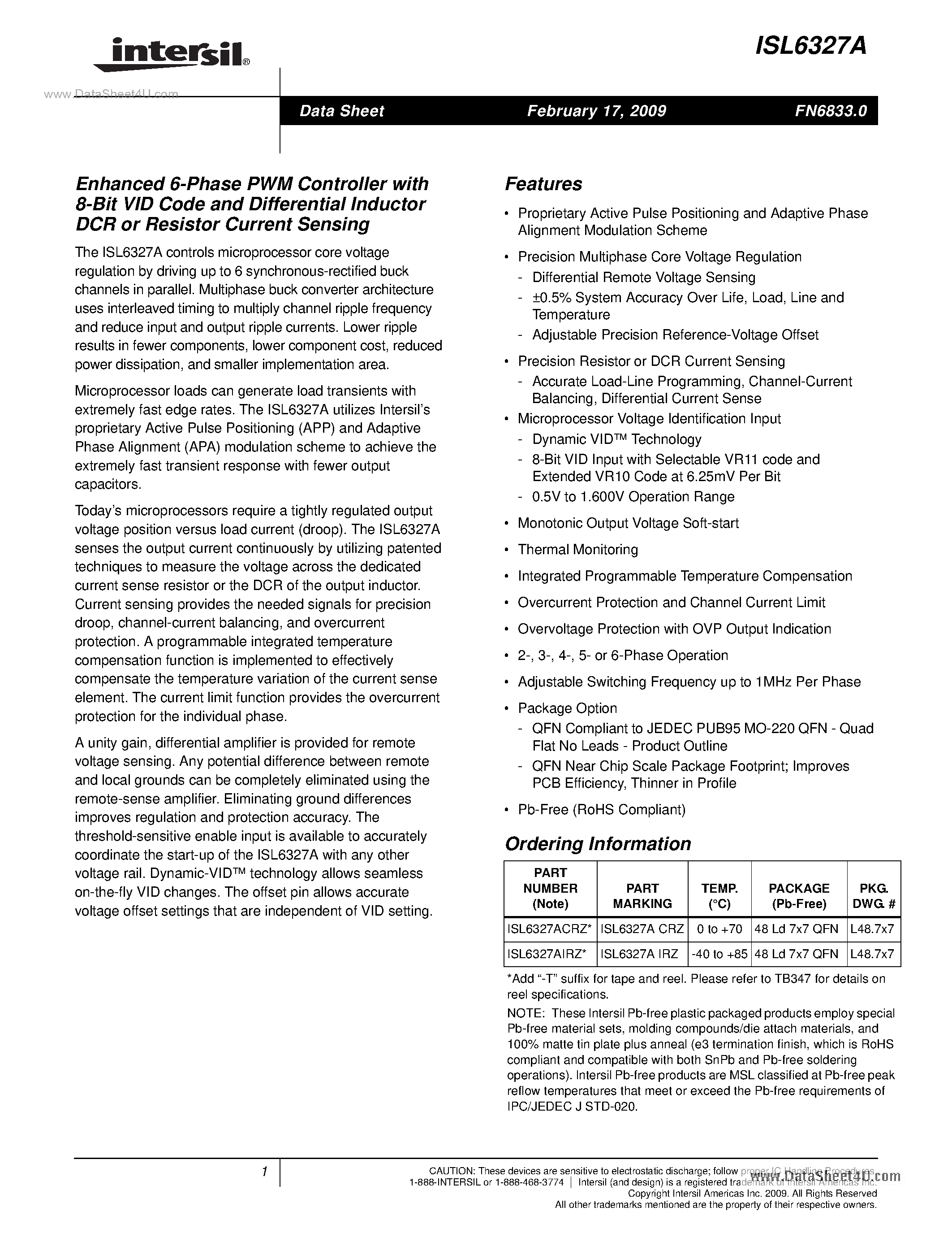 Datasheet ISL6327A - Enhanced 6-Phase PWM Controller page 1