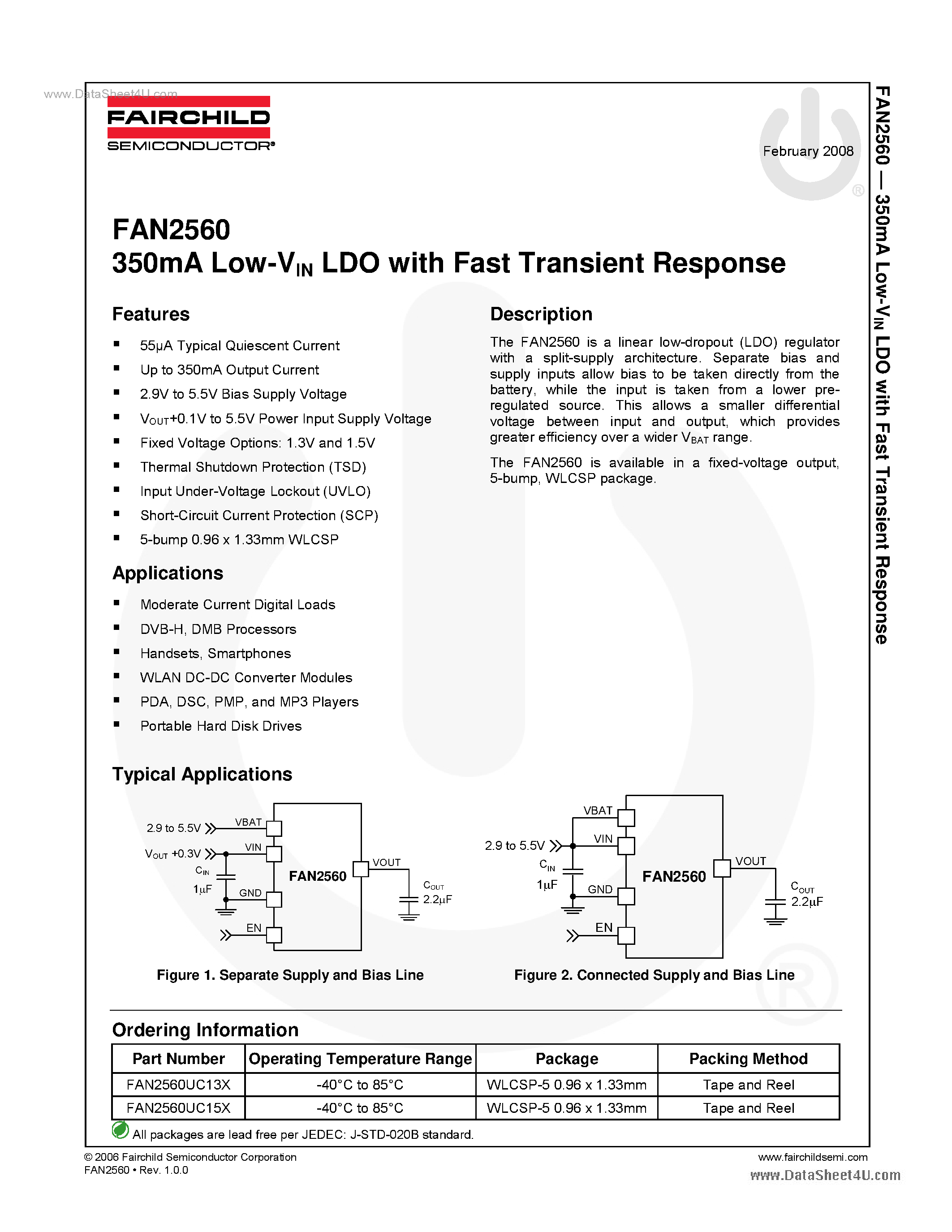 Datasheet FAN2560 page 1 Datasheet FAN2560 - 350mA Low-VIN LDO page 1