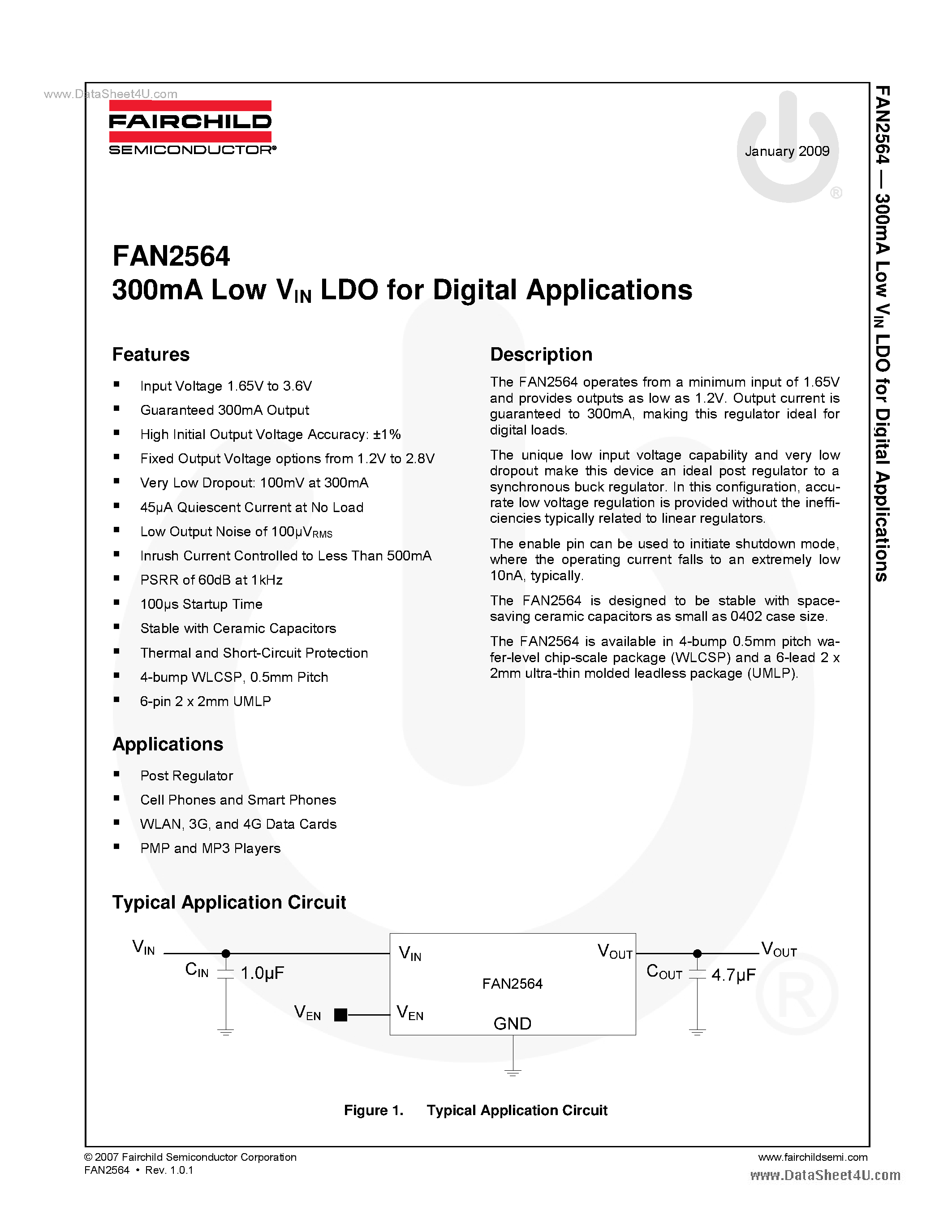 Datasheet FAN2564 - 300mA Low VIN LDO page 1