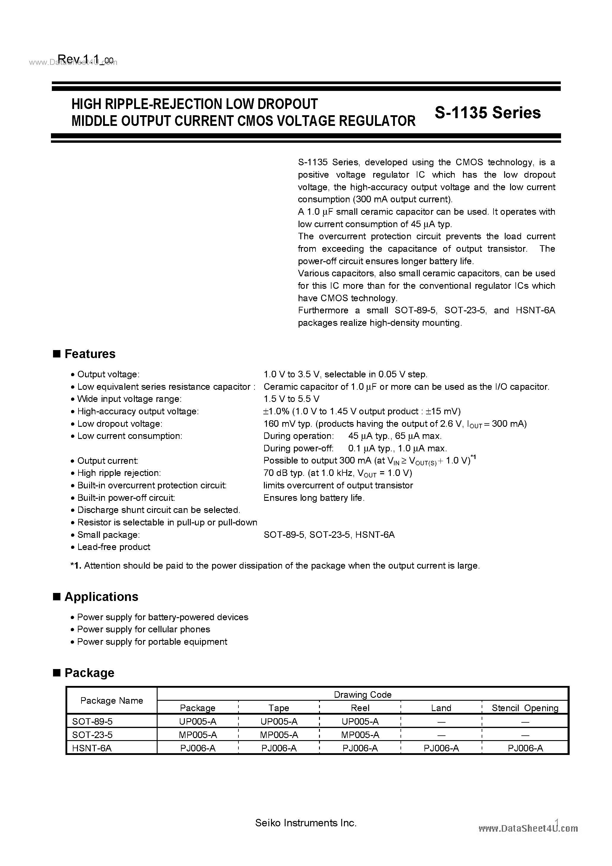 Datasheet S-1135 - High Ripple Rejection Low Dropout Middle Output Current CMOS Voltage Regulator page 1