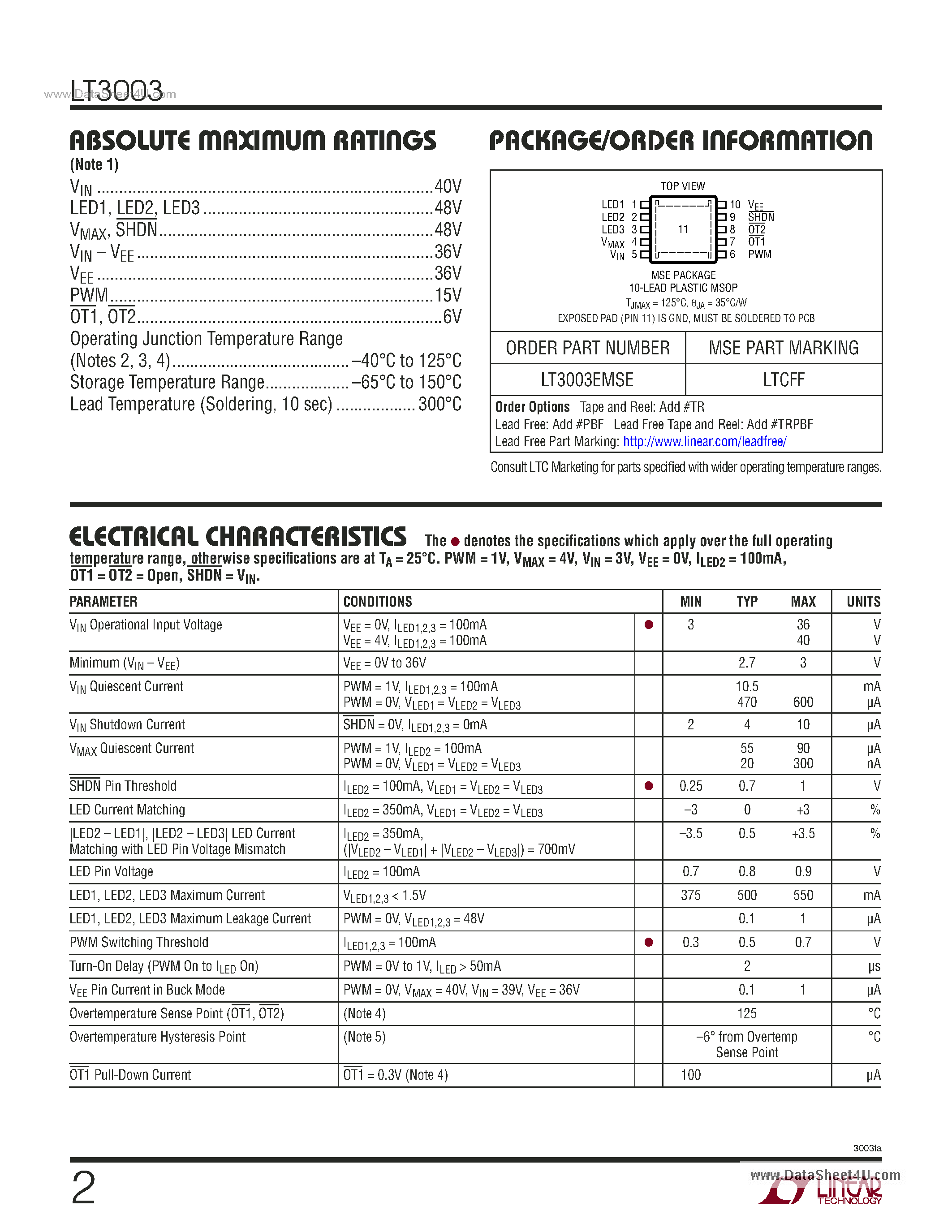 Datasheet LT3003 - 3-Channel LED Ballaster page 2