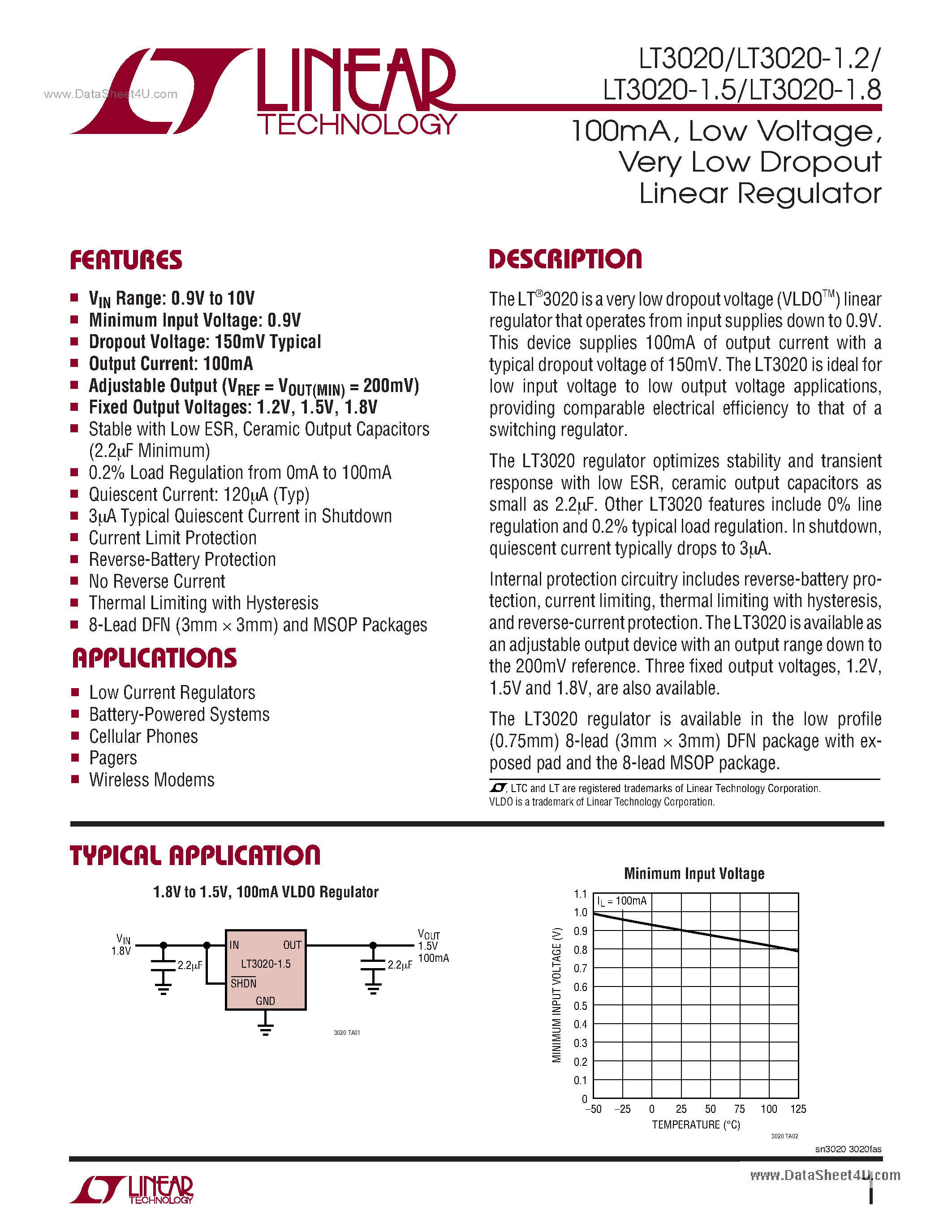 Datasheet LT3020 - Very Low Dropout Linear Regulator page 1