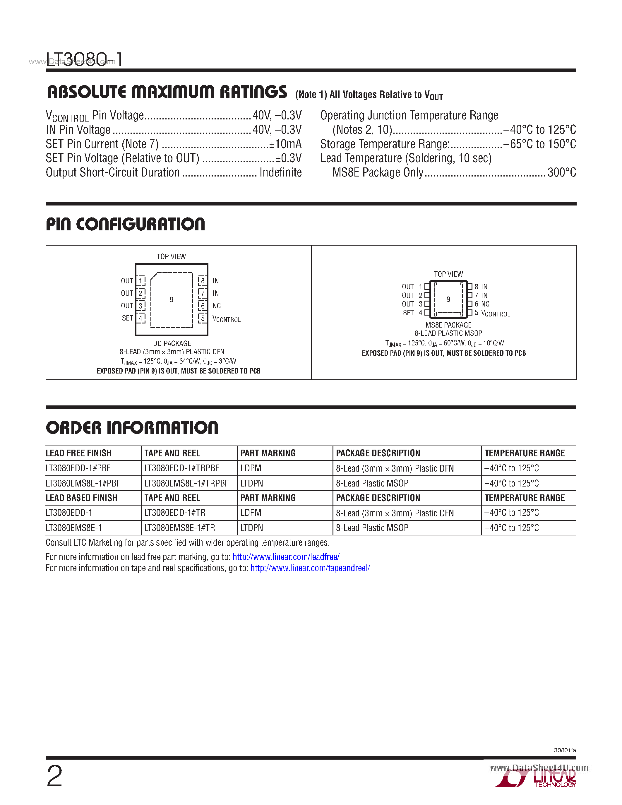 Datasheet LT3080-1 - Parallelable 1.1A Adjustable Single Resistor Low Dropout Regulator page 2