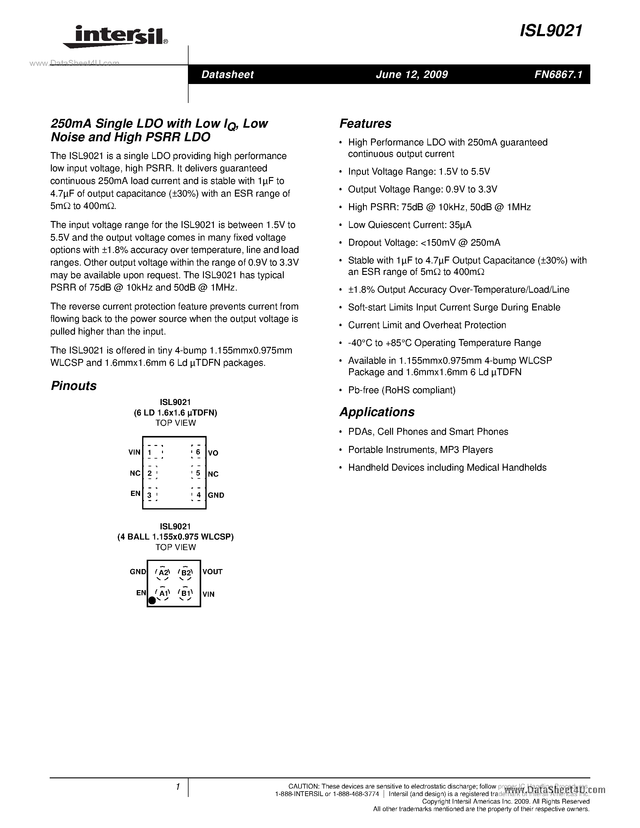Datasheet ISL9021 page 1 Datasheet ISL9021 - Single LDO page 1