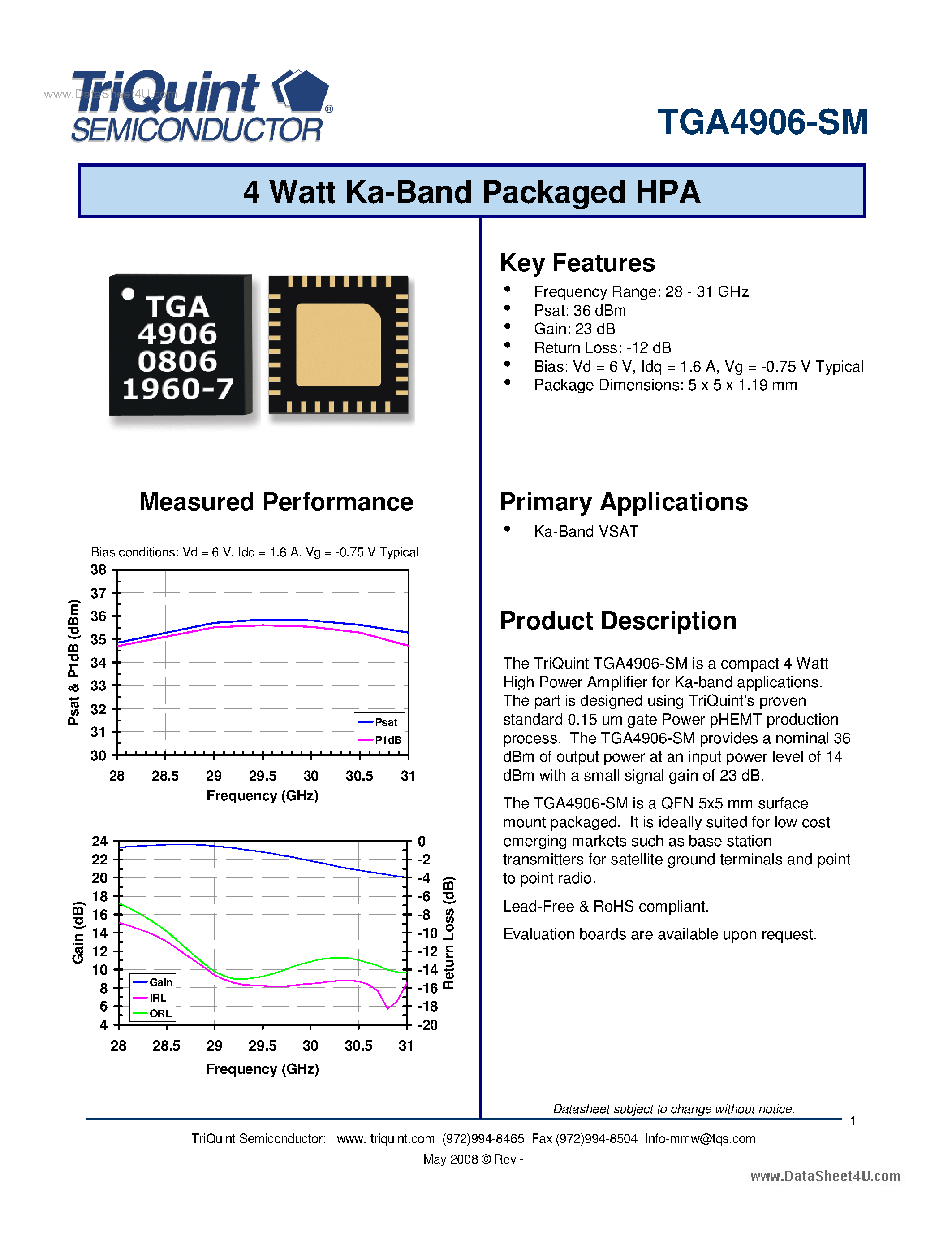 Datasheet TGA4906-SM - 4 Watt Ka-Band Packaged HPA page 1