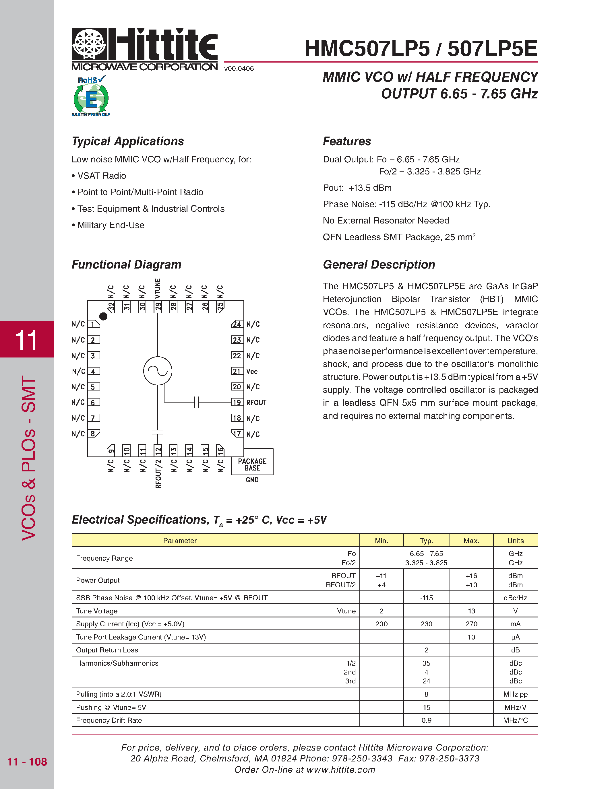 Даташит HMC507LP5 - MMIC VCO w/ HALF FREQUENCY страница 1