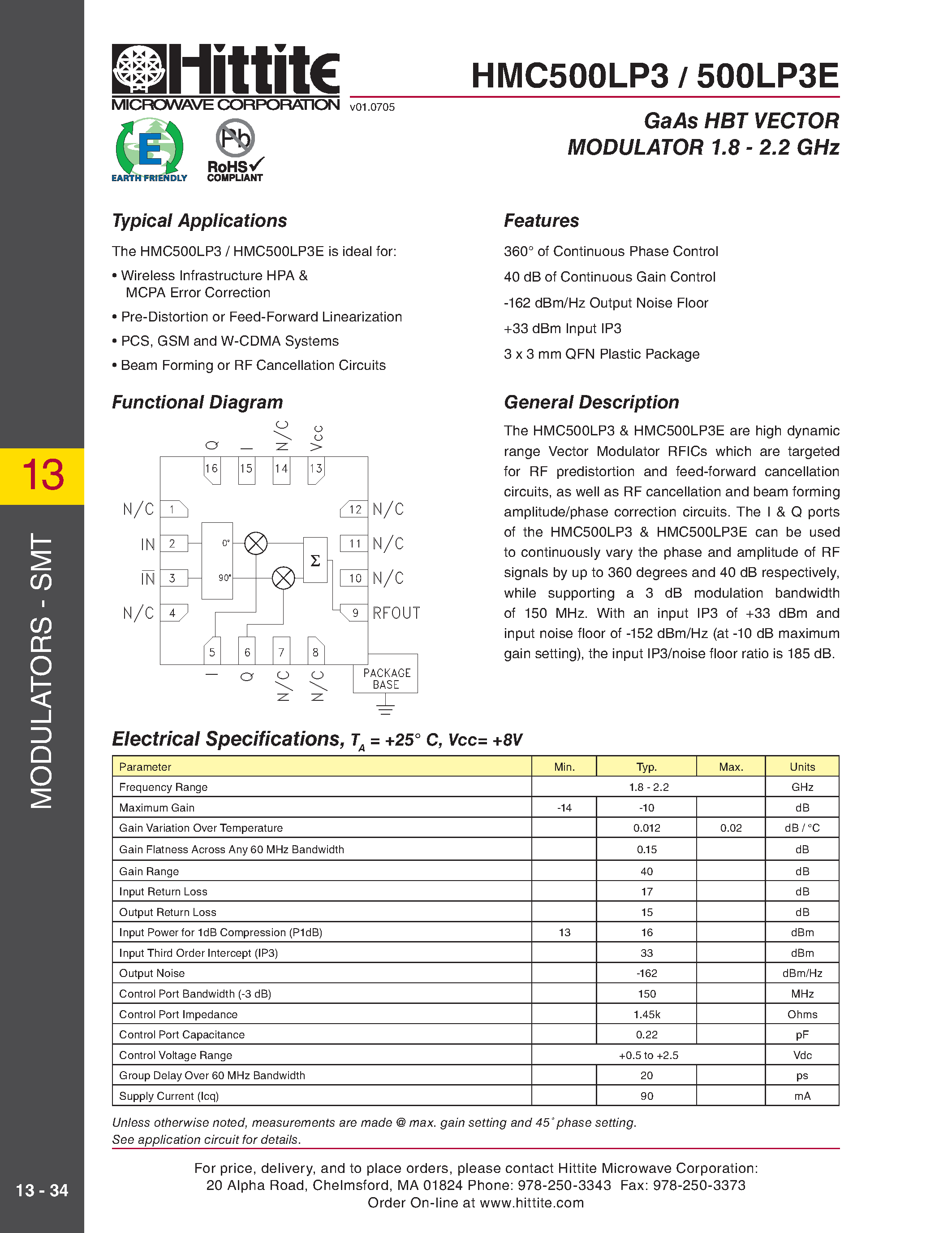 Datasheet HMC500LP3 - GaAs HBT VECTOR MODULATOR 1.8 - 2.2 GHz page 1