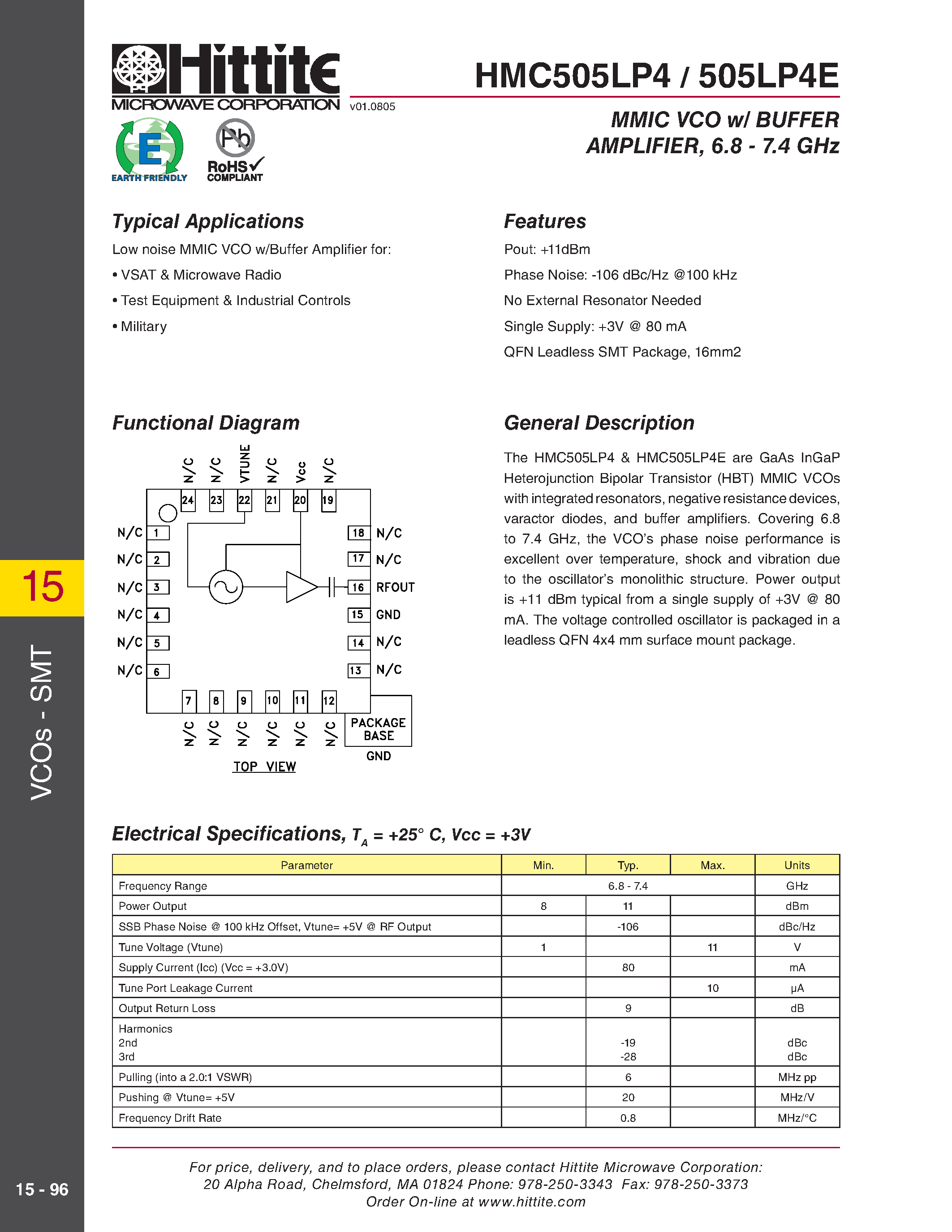 Datasheet HMC505LP4 - MMIC VCO wl BUFFER AMPLIFIER / 6.8 - 7.4 GHz page 1