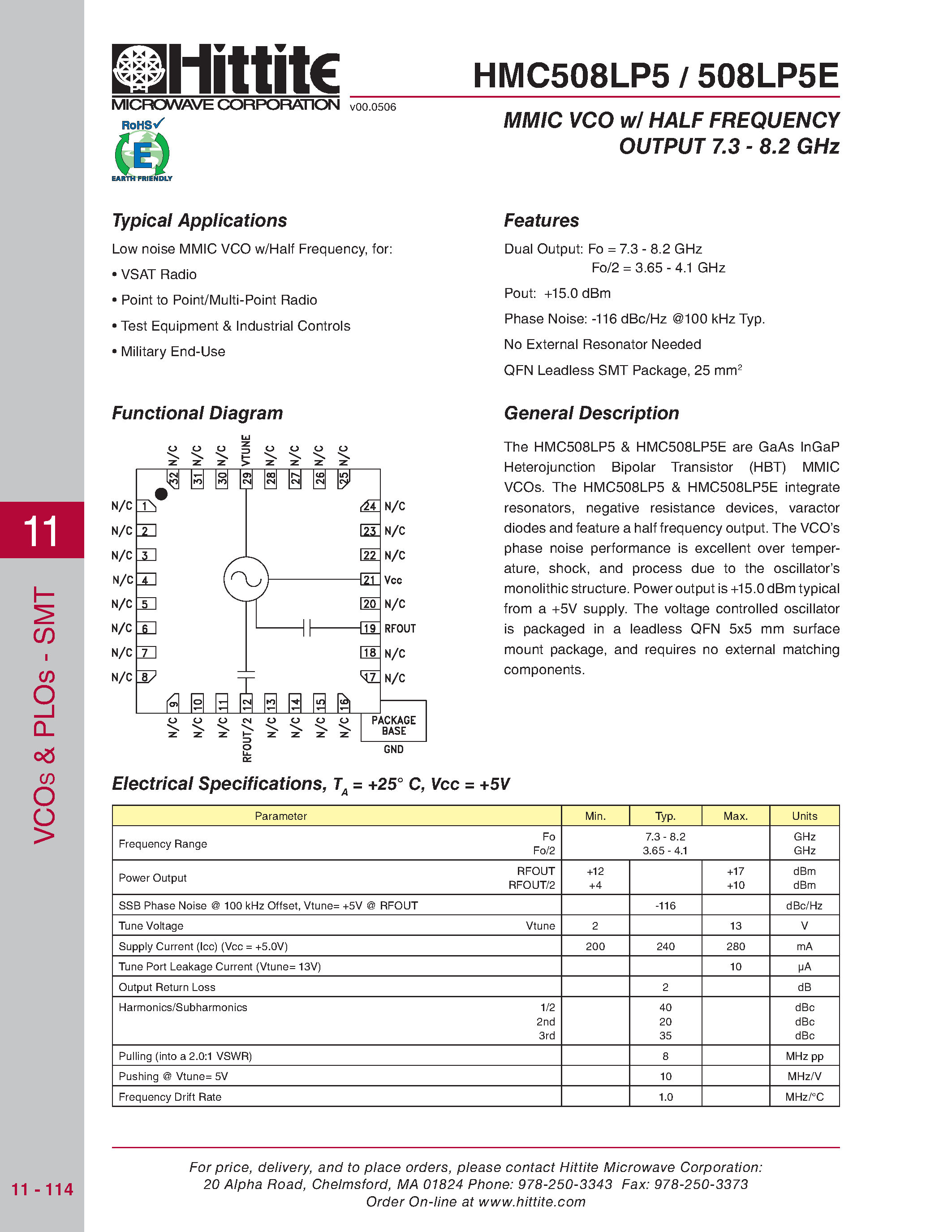 Даташит HMC508LP5 - MMIC VCO w/ HALF FREQUENCY страница 1