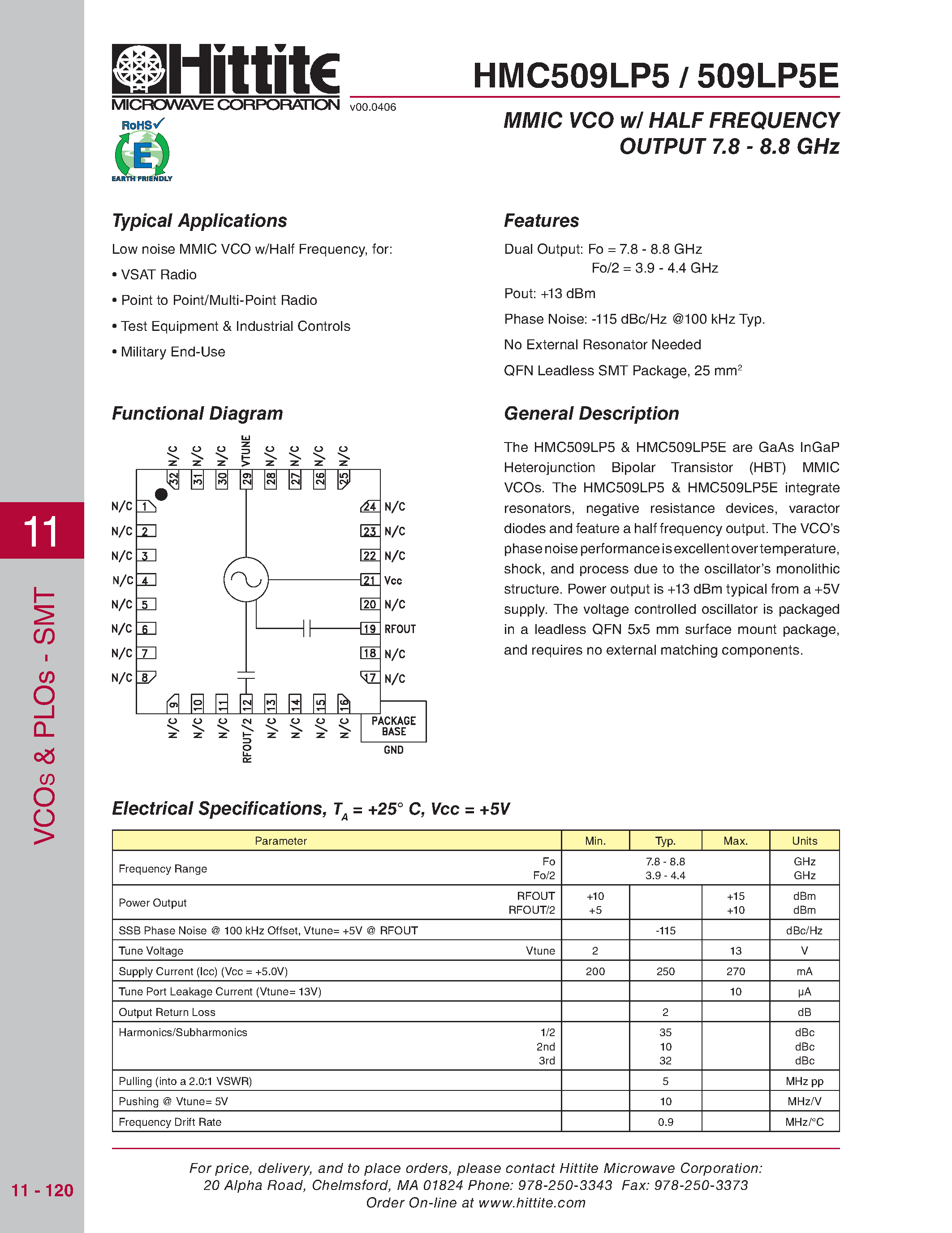 Даташит HMC509LP5 - MMIC VCO w/ HALF FREQUENCY страница 1