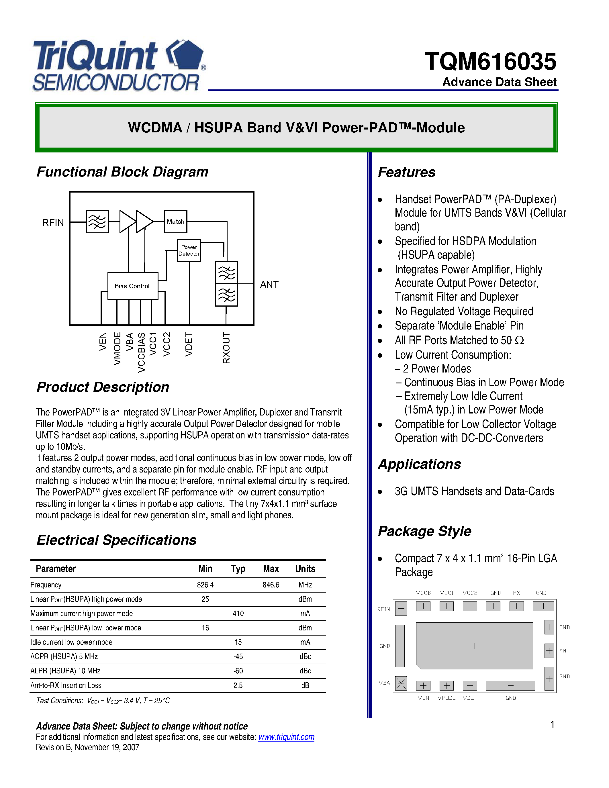 Даташит TQM616035 - WCDMA / HSUPA Band V&VI Power-PAD-Module страница 1
