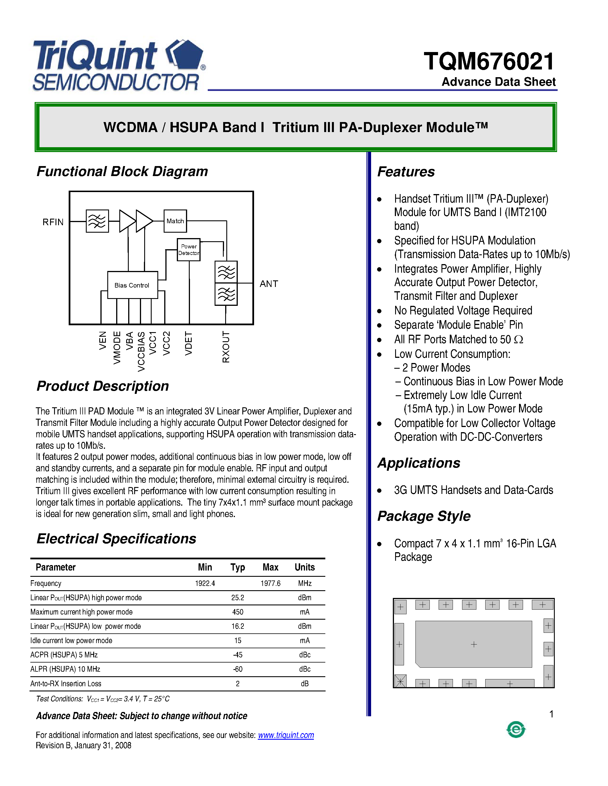 Datasheet TQM676021 - WCDMA/HSUPA Band I Tritium III PA-Duplexer Module page 1