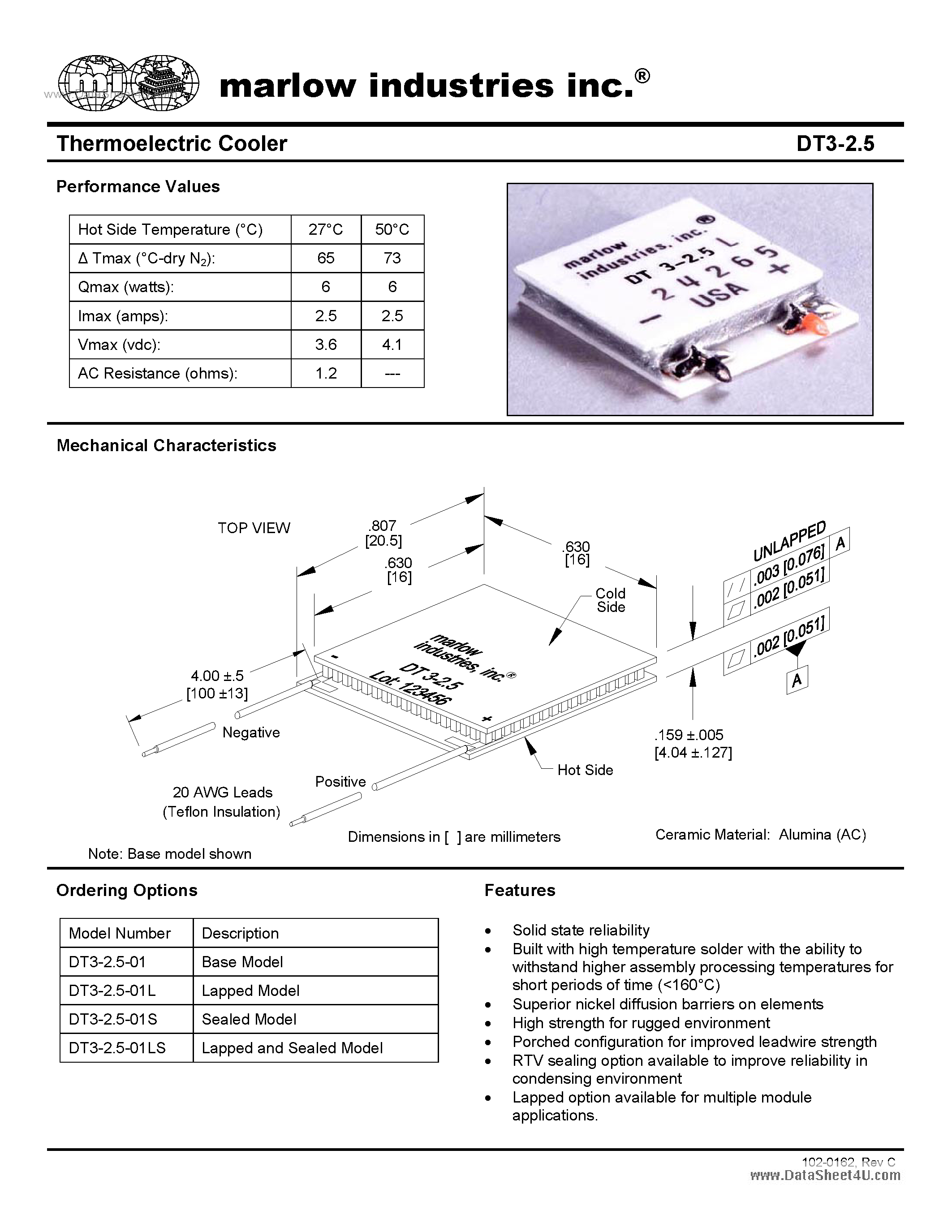 Datasheet DT3-2.5 - Thermoelectric Cooler page 1