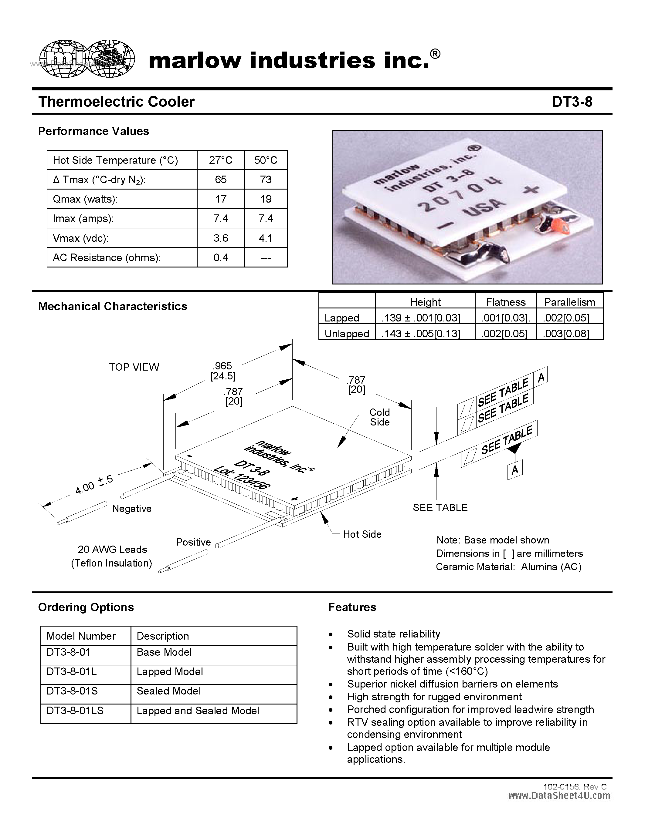Datasheet DT3-8 - Thermoelectric Cooler page 1
