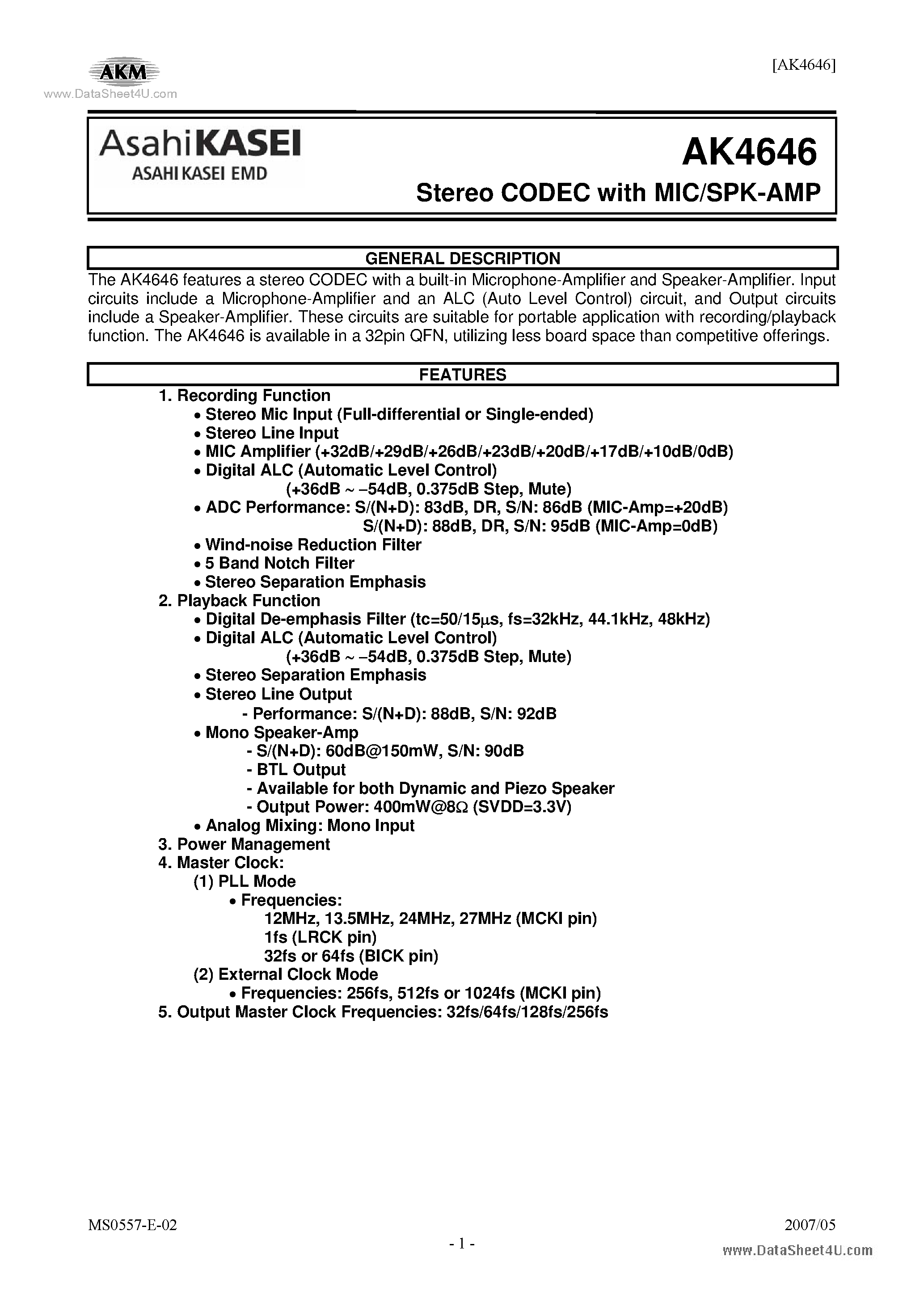 Даташит AK4646 - Stereo CODEC страница 1