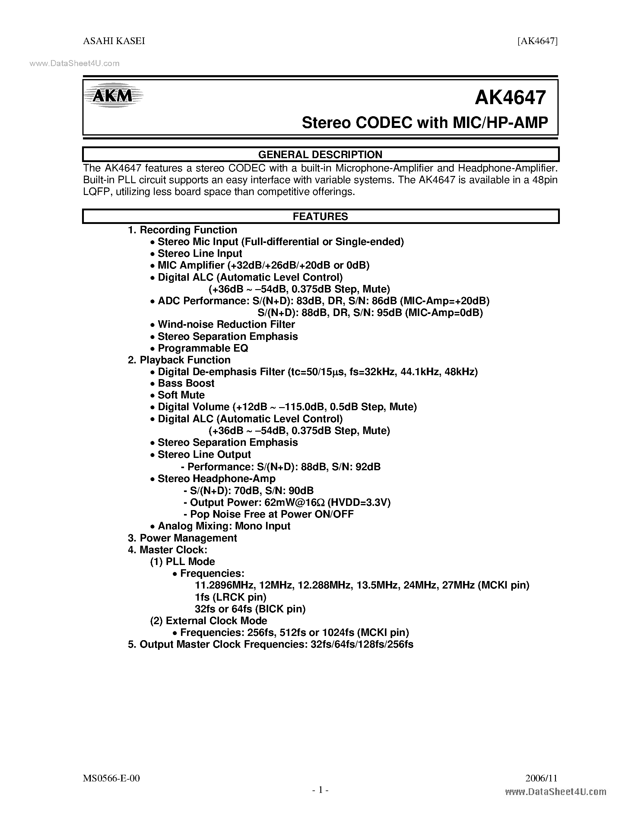 Даташит AK4647 - Stereo CODEC страница 1