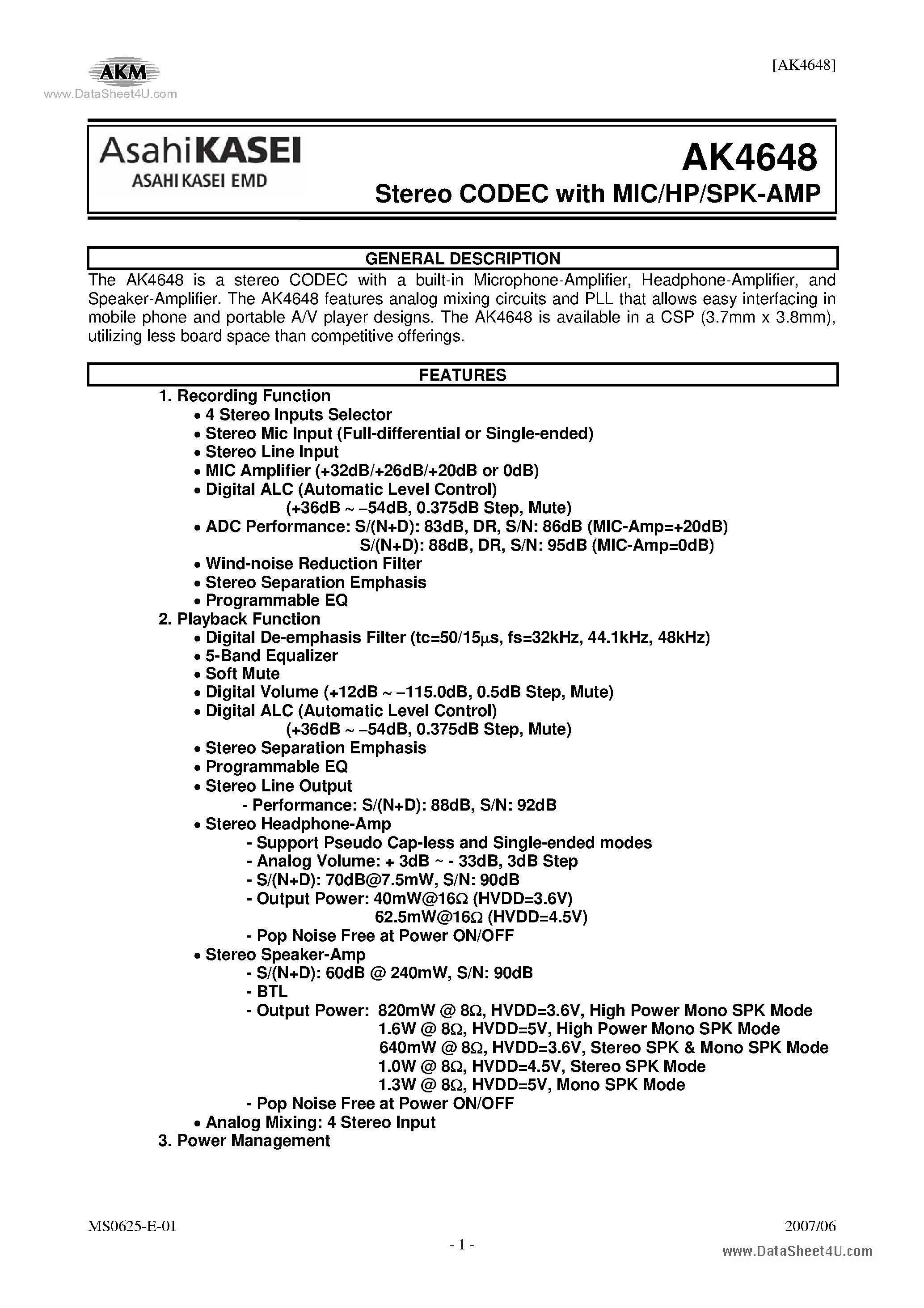 Даташит AK4648 - Stereo CODEC страница 1