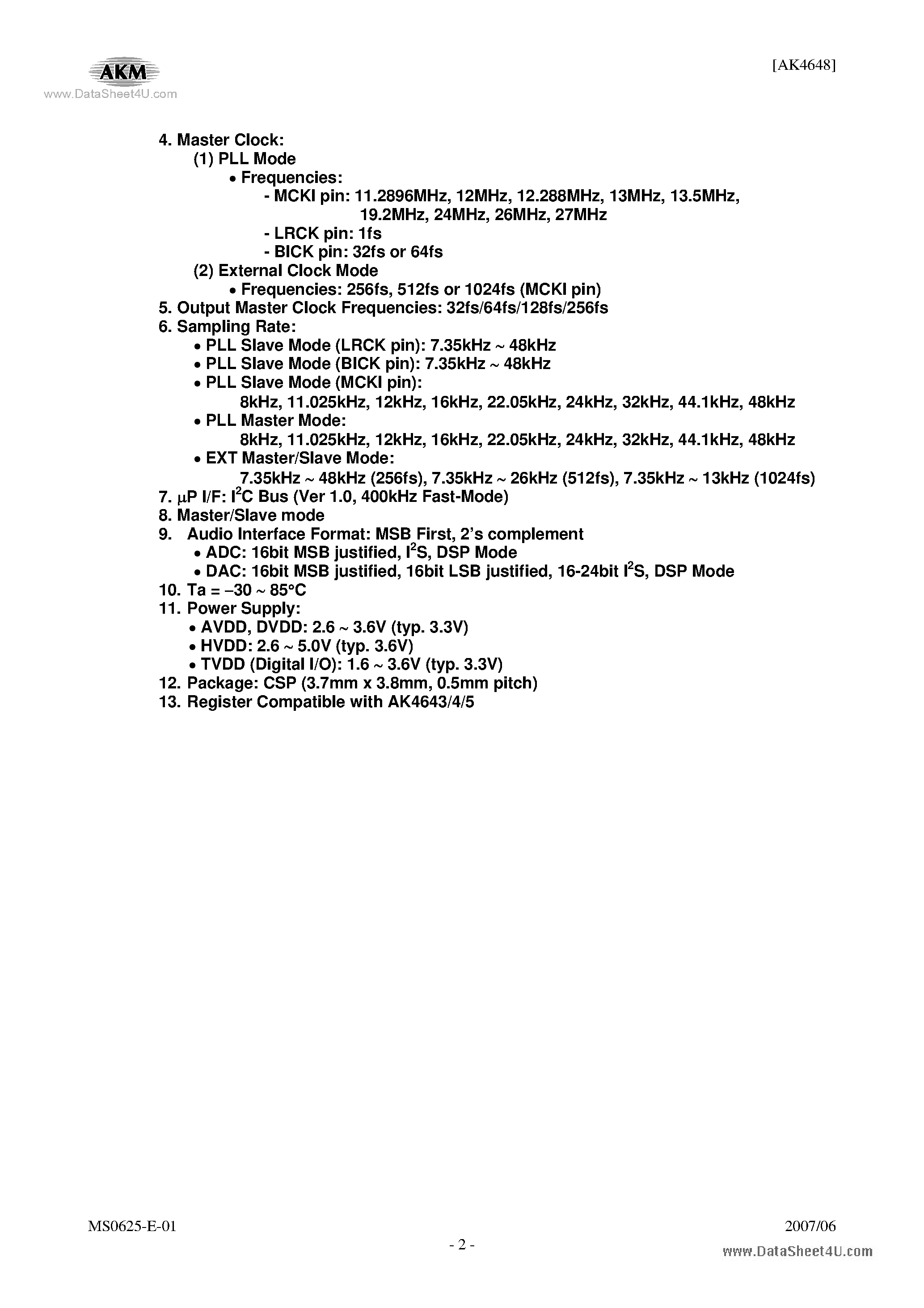 Даташит AK4648 - Stereo CODEC страница 2