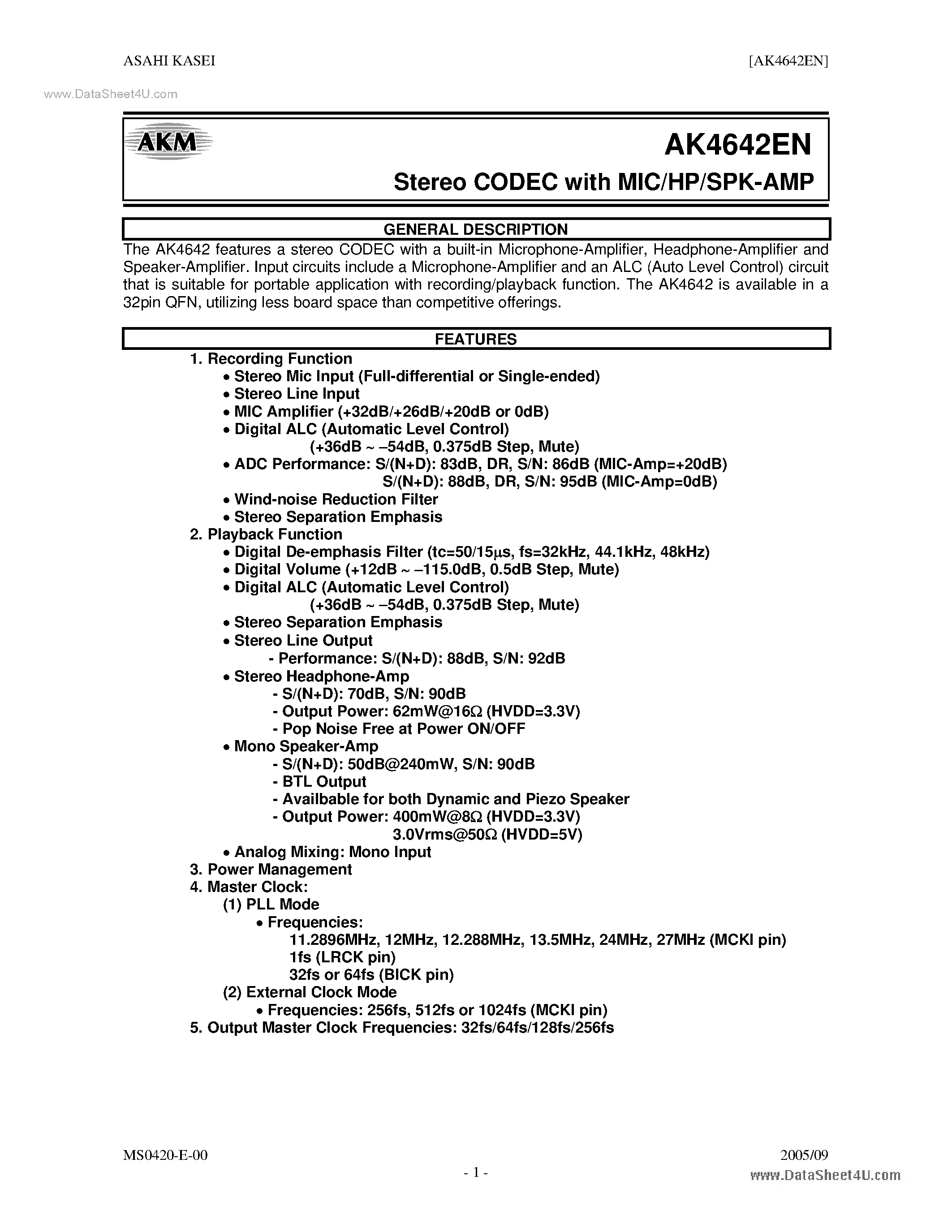 Даташит AK4642EN - Stereo CODEC страница 1