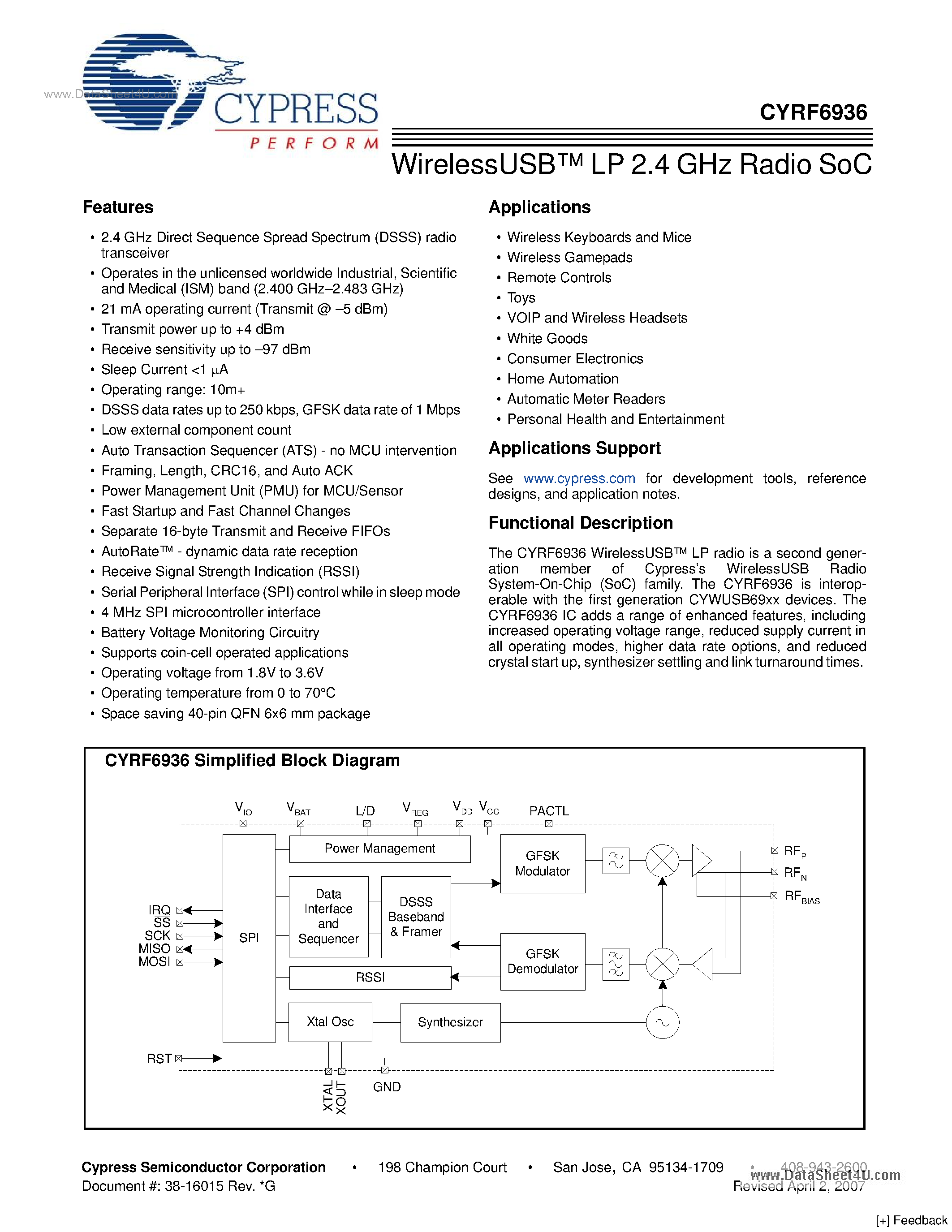 Datasheet CYRF6936 - WirelessUSB LP 2.4 GHz Radio SoC page 1