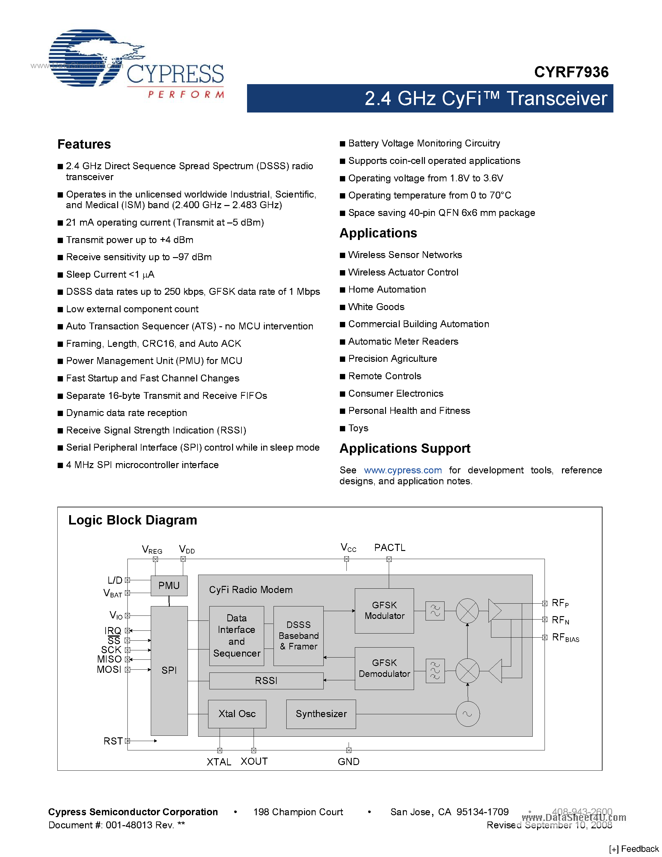 Datasheet CYRF7936 page 1 Datasheet CYRF7936 - 2.4 GHz CyFi Transceiver page 1