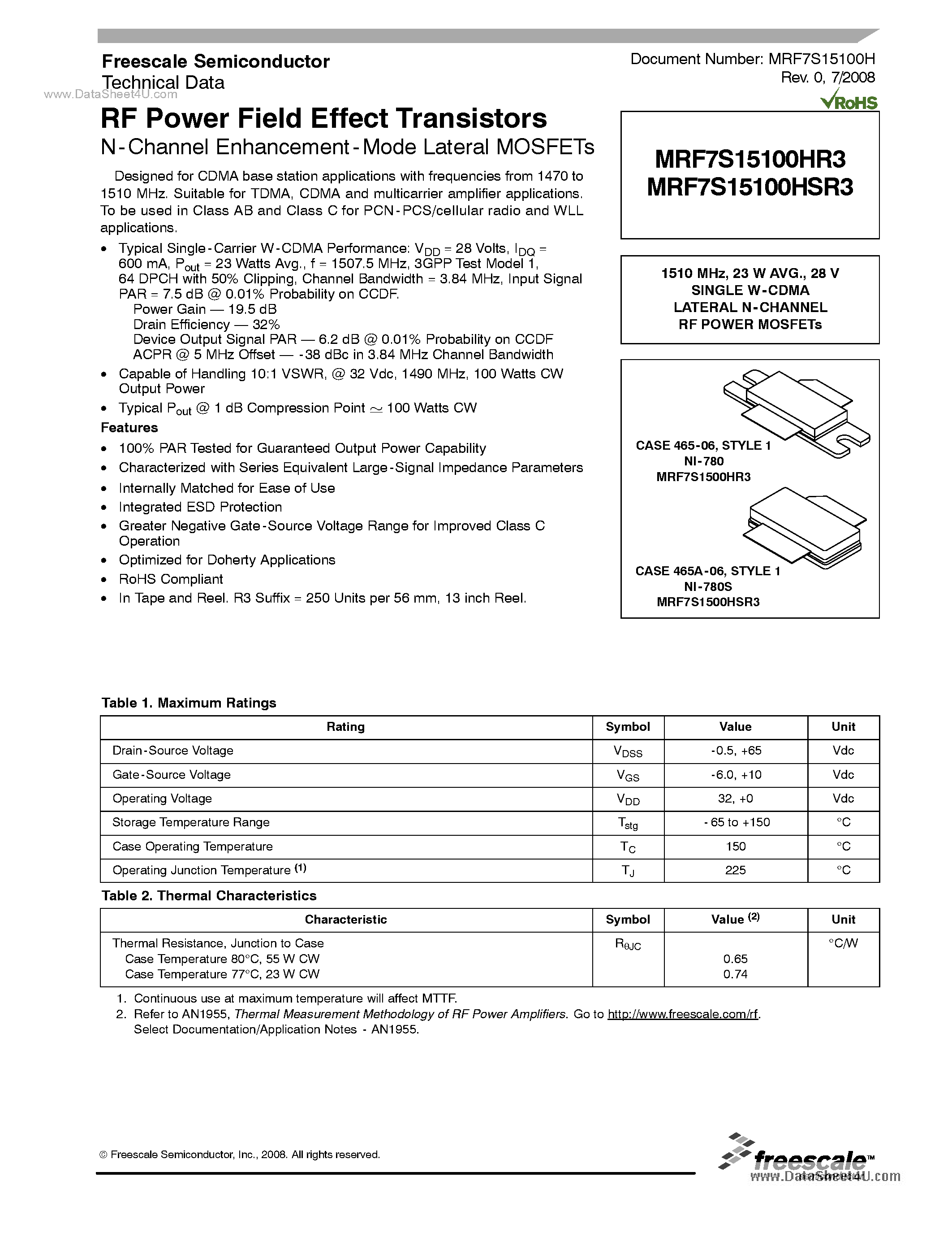 Datasheet MRF7S15100HR3 page 1 Datasheet MRF7S15100HR3 - RF Power Field Effect Transistors page 1