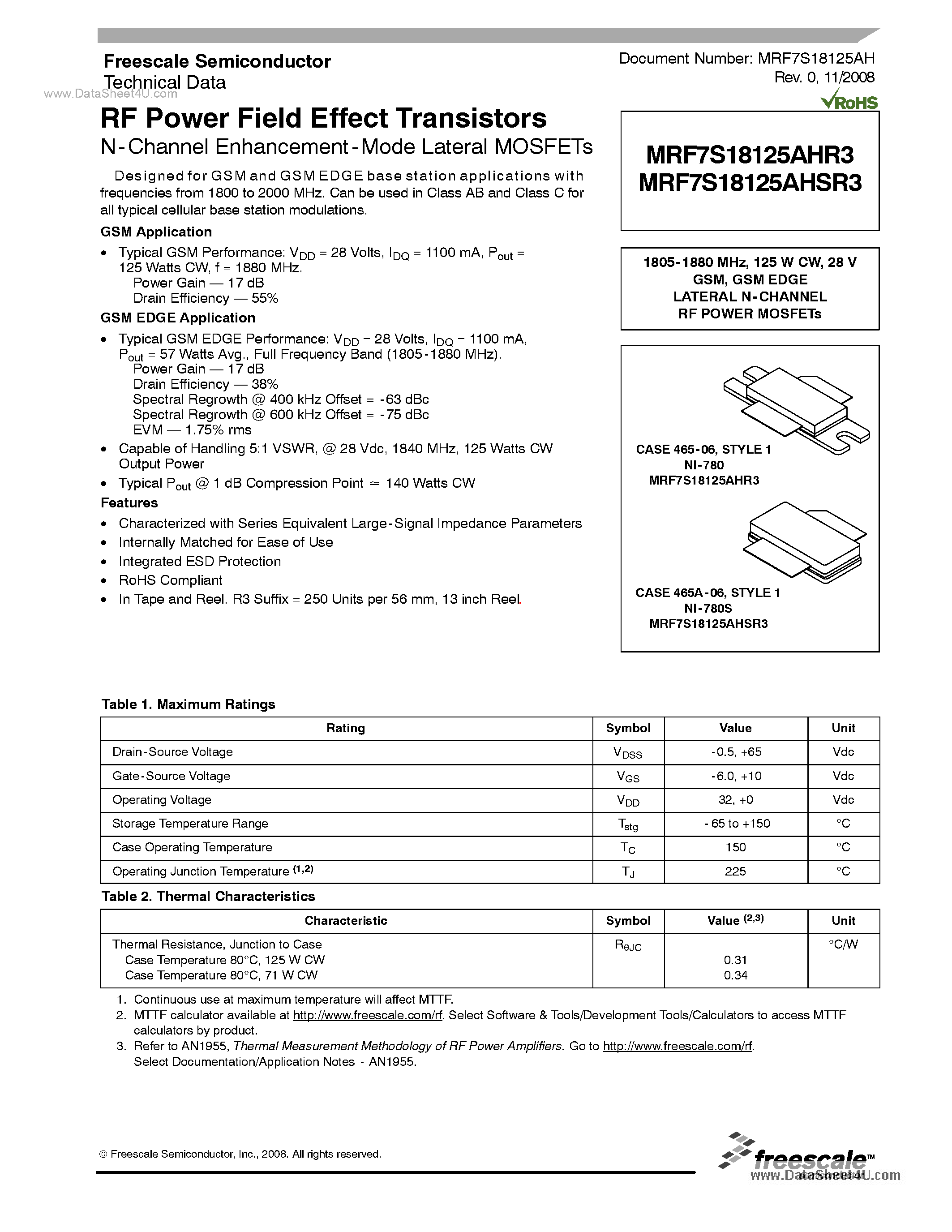 Datasheet MRF7S18125AHR3 - RF Power Field Effect Transistors page 1
