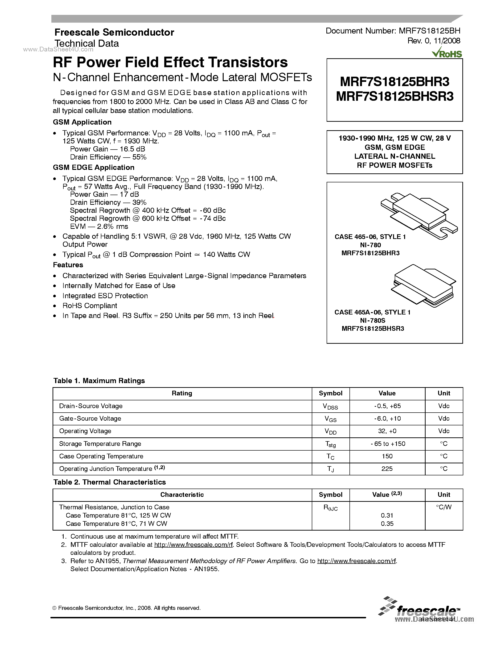 Datasheet MRF7S18125BHR3 - RF Power Field Effect Transistors page 1