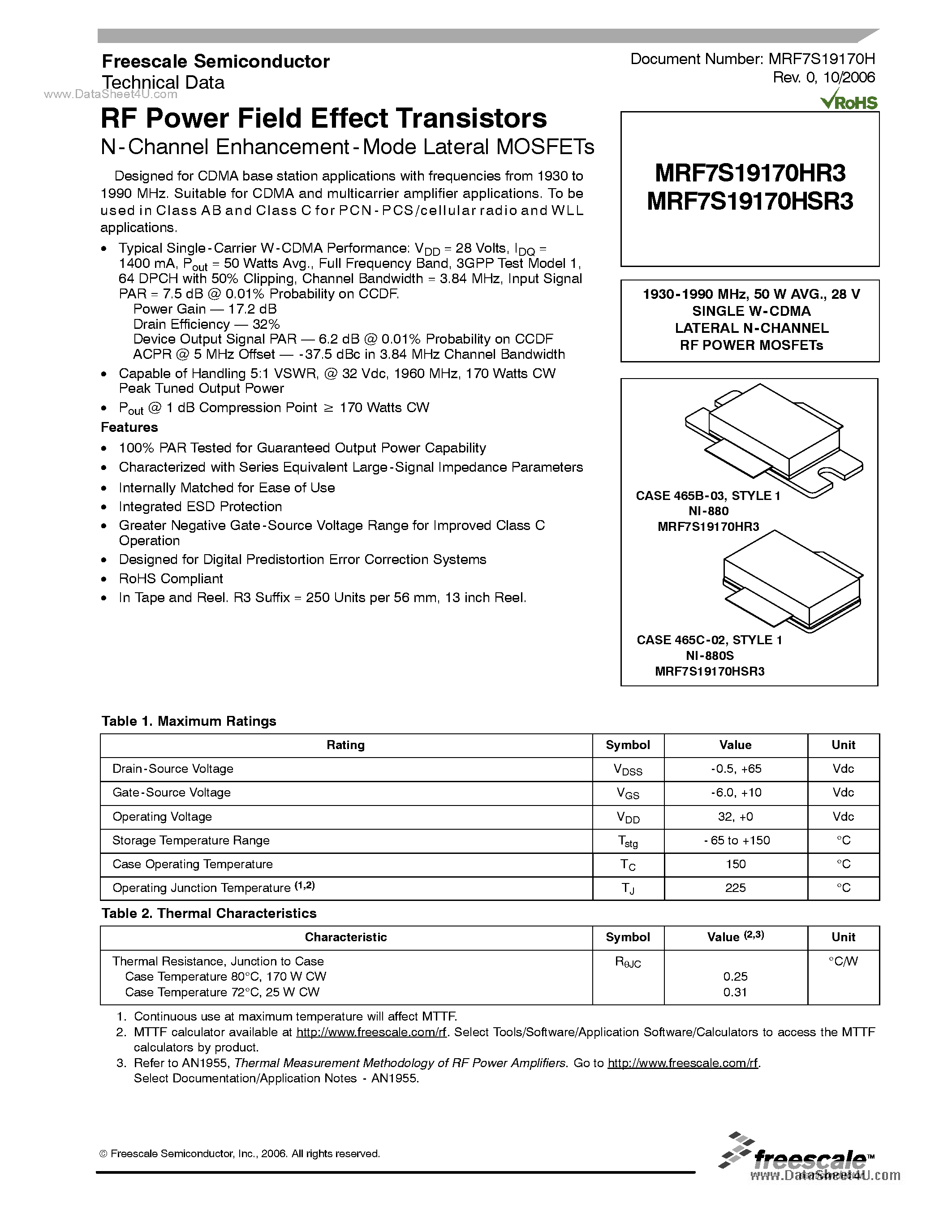 Datasheet MRF7S19170HR3 - RF Power Field Effect Transistors page 1