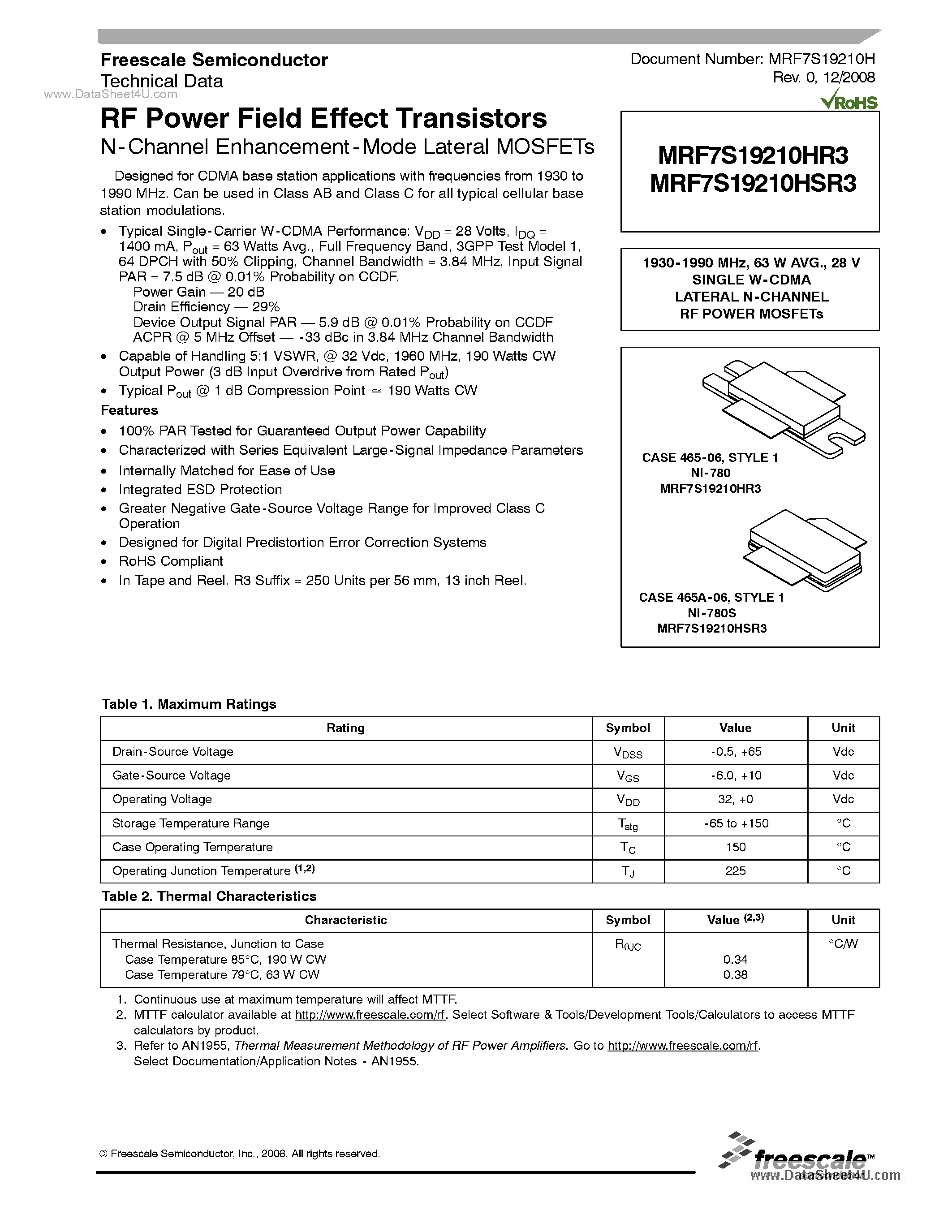 Datasheet MRF7S19210HR3 - RF Power Field Effect Transistors page 1