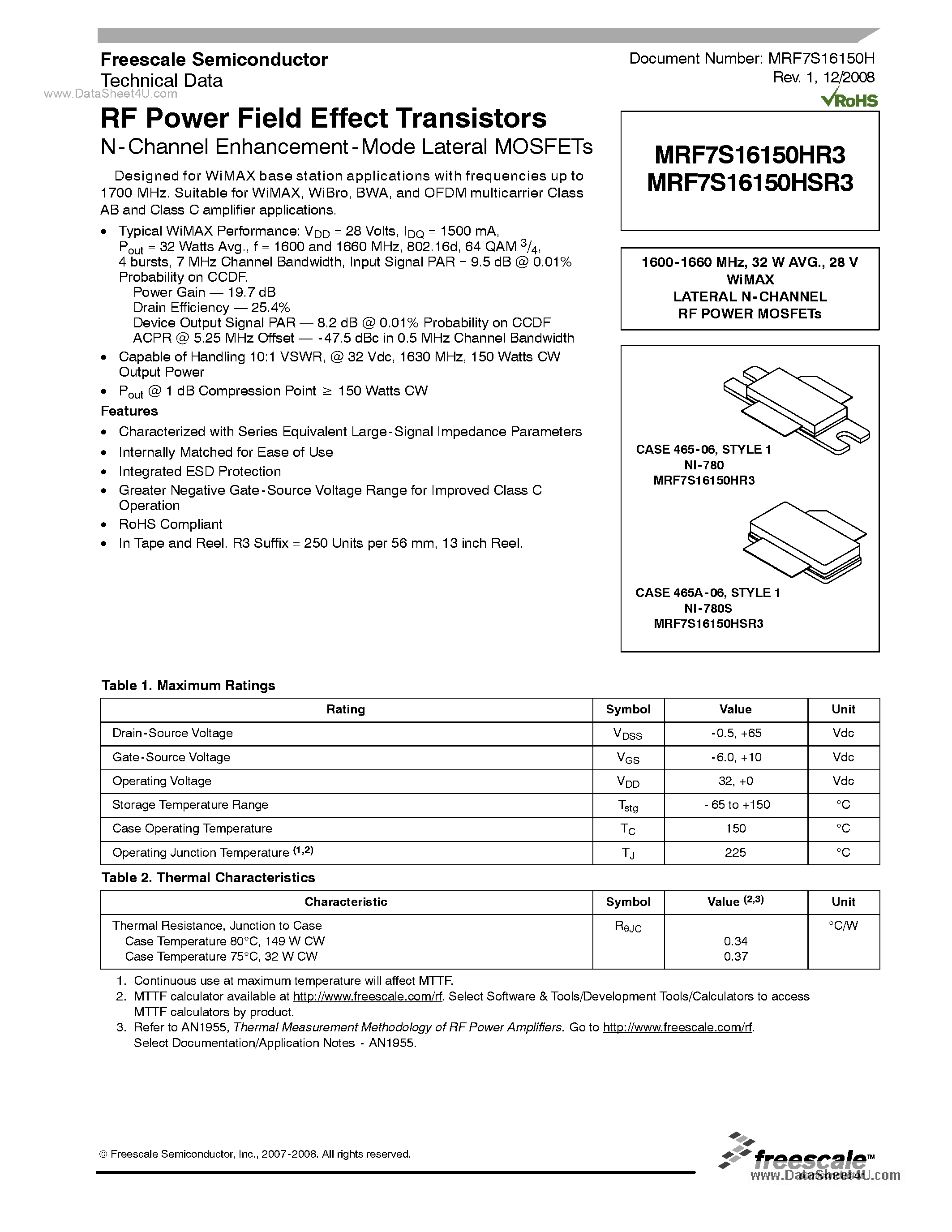 Datasheet MRF7S16150HR3 page 1 Datasheet MRF7S16150HR3 - RF Power Field Effect Transistors page 1