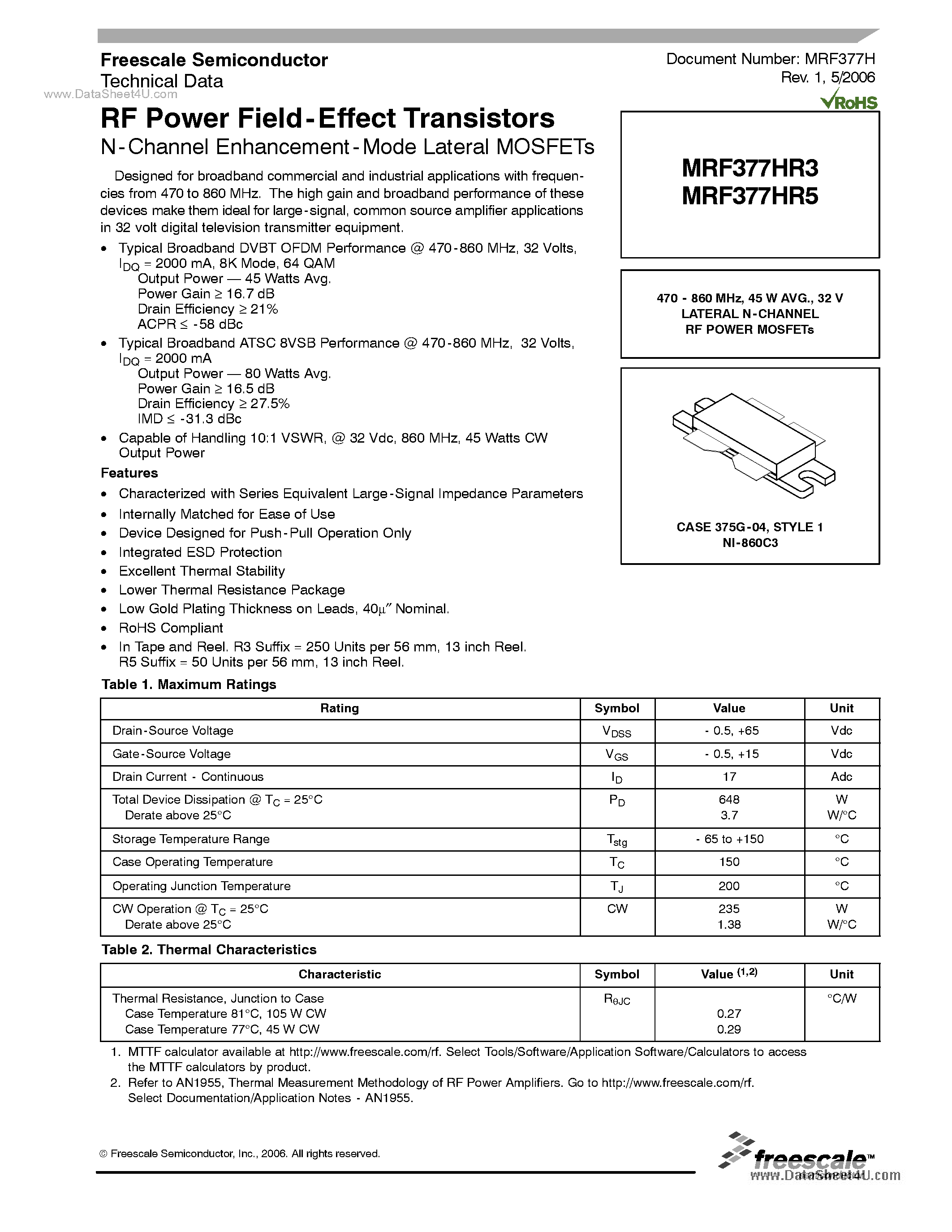 Datasheet MRF377HR3 - RF Power Field-Effect Transistors page 1