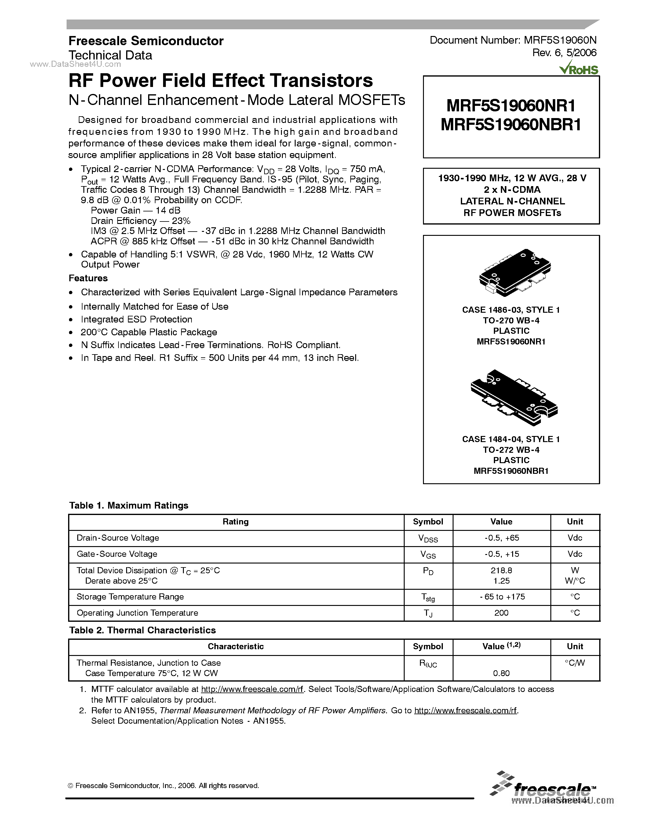 Datasheet MRF5S19060NBR1 page 1 Datasheet MRF5S19060NBR1 - RF Power Field Effect Transistors page 1