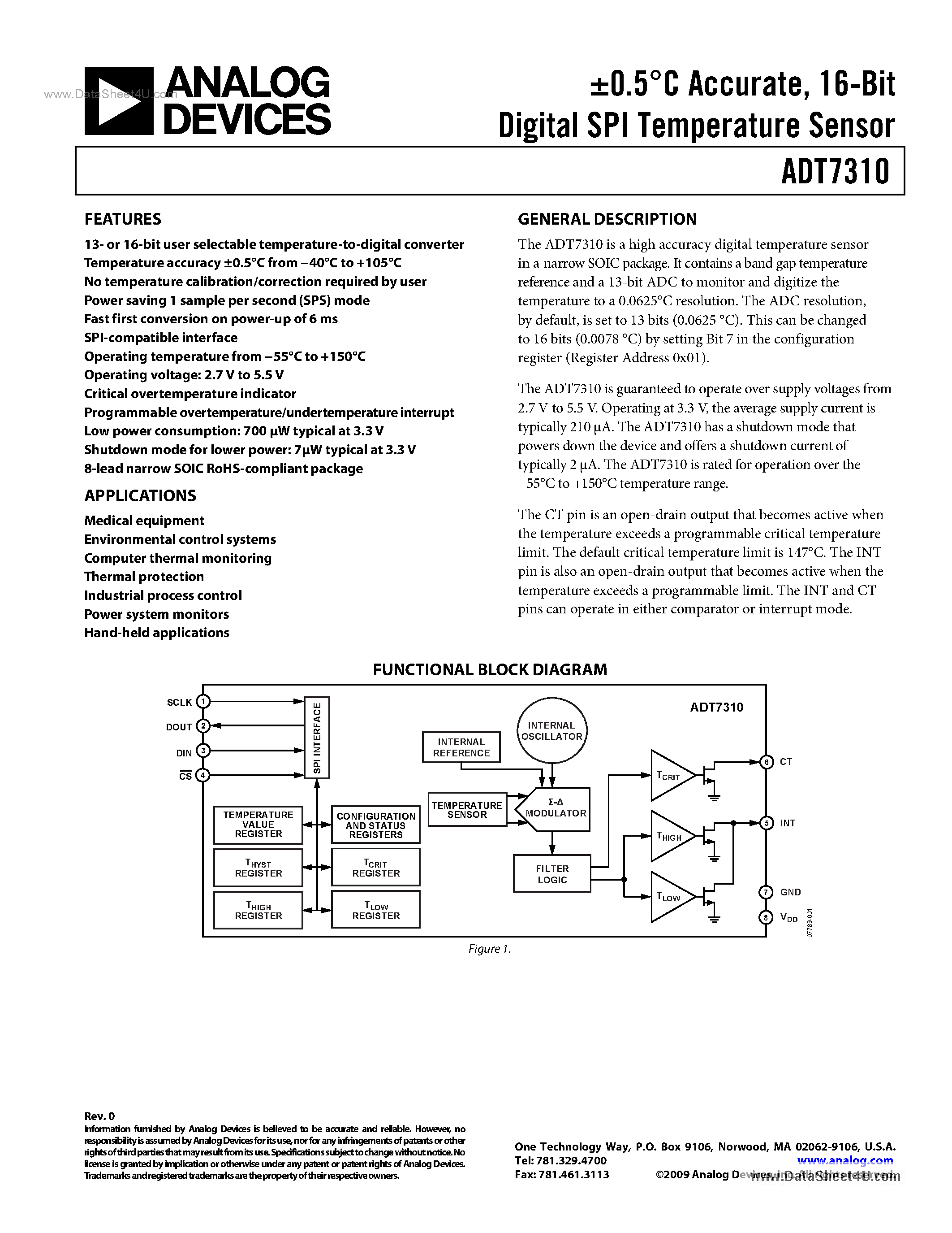 Даташит ADT7310 - 16-Bit Digital SPI Temperature Sensor страница 1