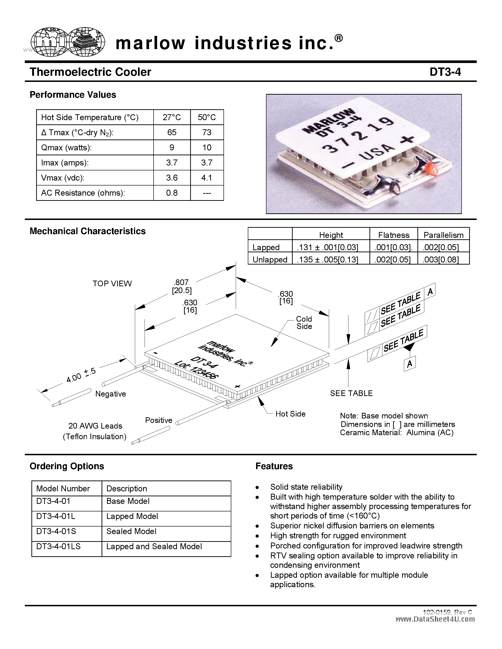Datasheet DT3-4 page 1 Datasheet DT3-4 - Thermoelectric Cooler page 1