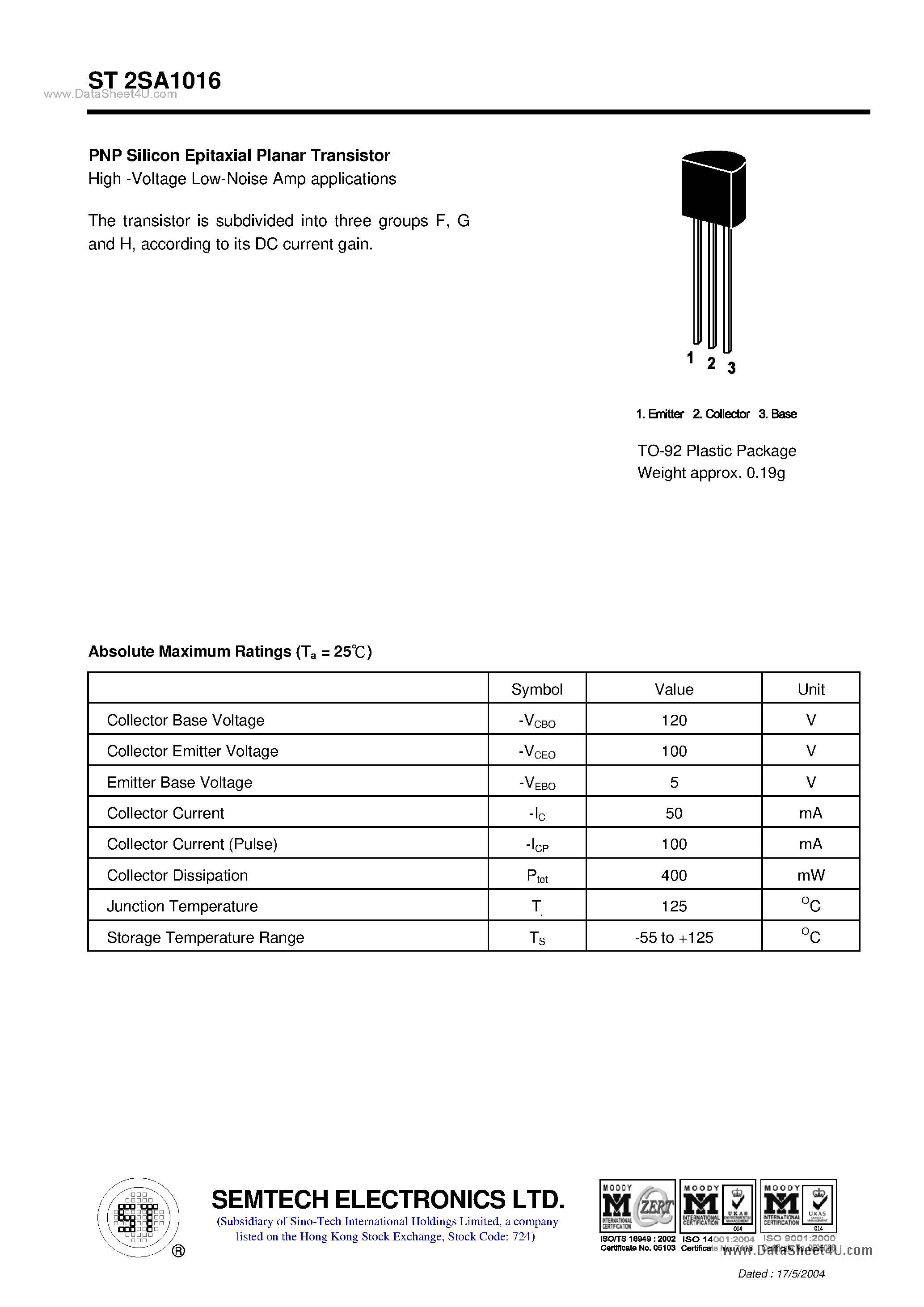 Datasheet ST2SA1016 page 1 Datasheet ST2SA1016 - PNP Silicon Epitaxial Planar Transistor page 1