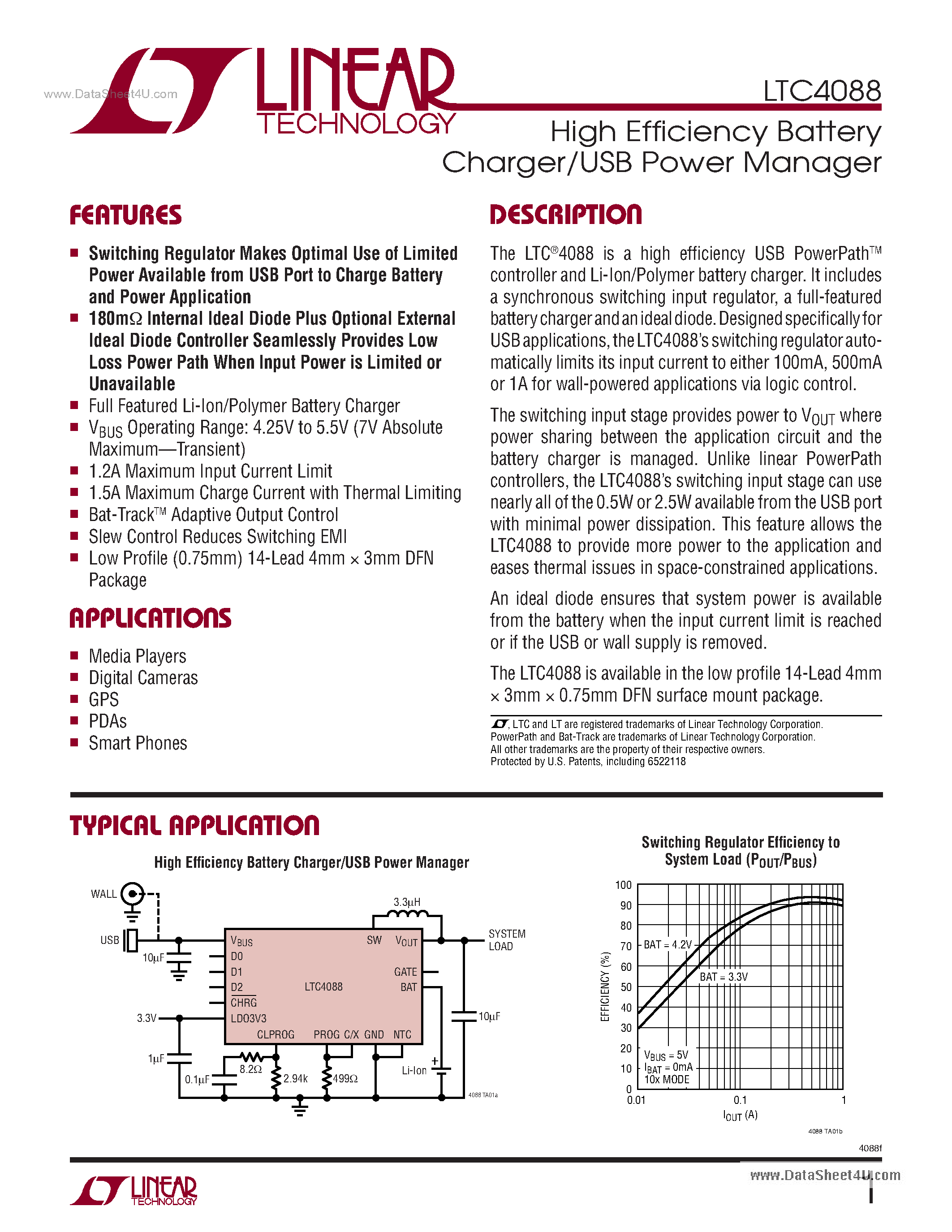 Datasheet LTC4088 - High Efficiency Battery Charger/USB Power Manager page 1