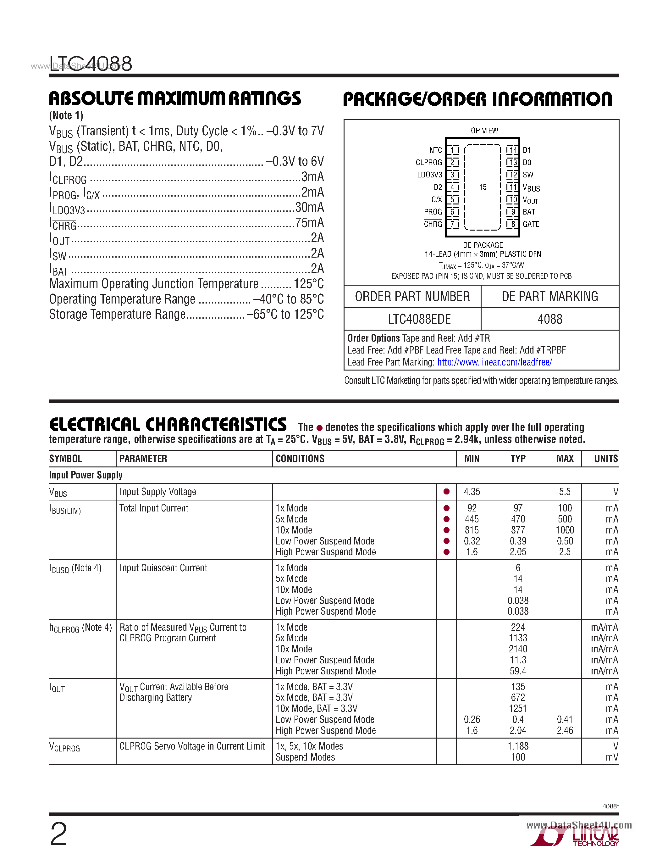 Datasheet LTC4088 - High Efficiency Battery Charger/USB Power Manager page 2