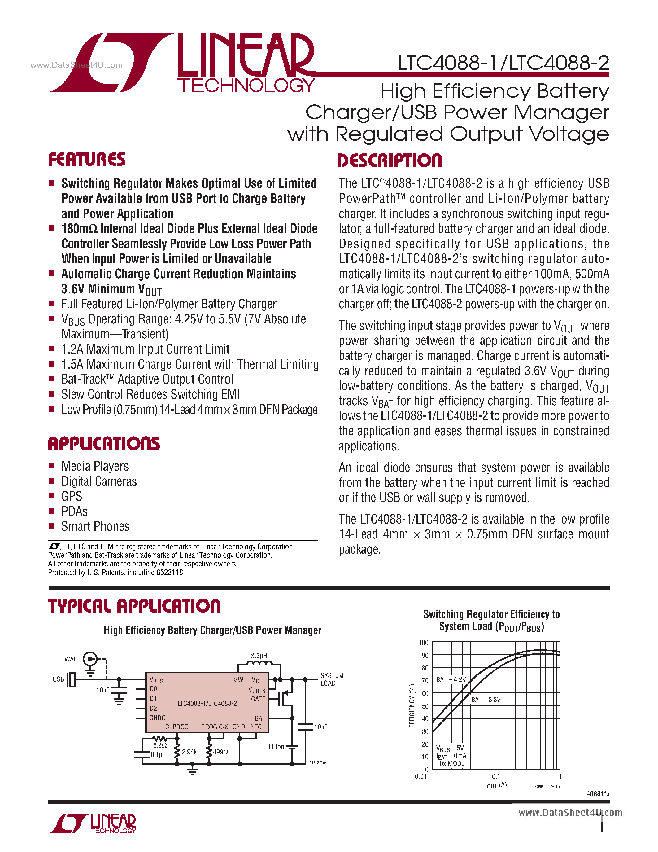 Datasheet LTC4088-1 - High Efficiency Battery Charger/USB Power Manager page 1