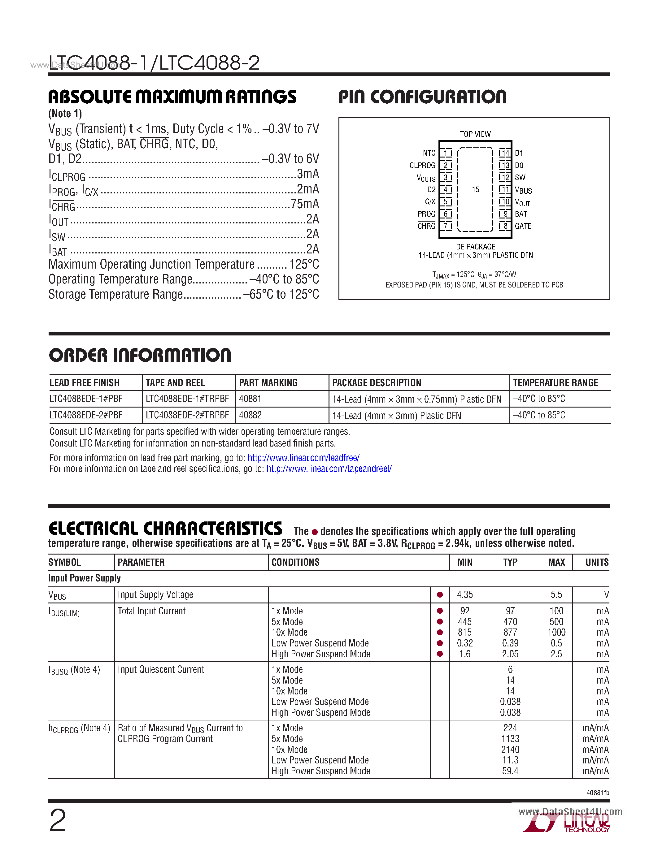 Datasheet LTC4088-1 - High Efficiency Battery Charger/USB Power Manager page 2