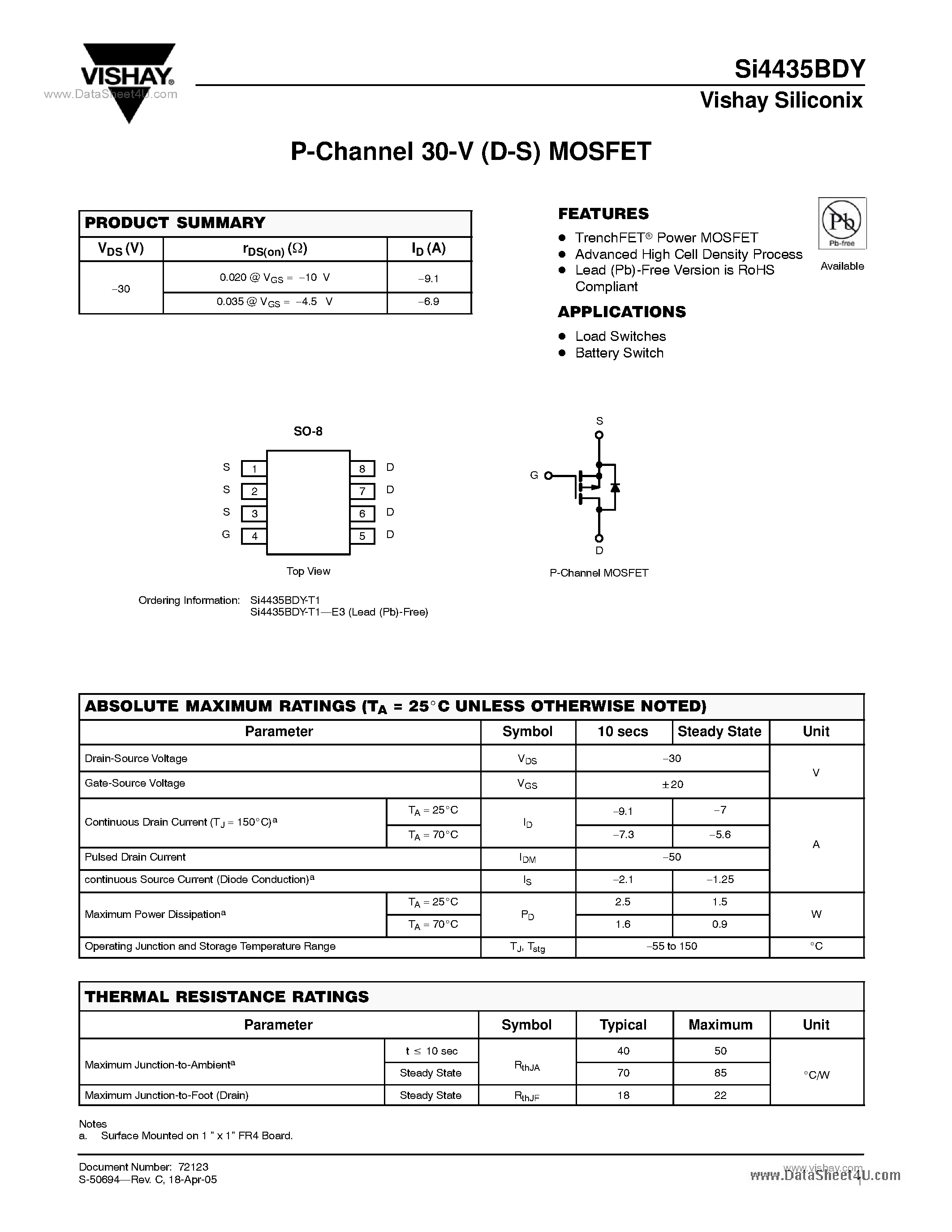 Даташит на микросхему SI4435BDY страница 1 Даташит SI4435BDY - P-Channel 30-V (D-S) MOSFET страница 1