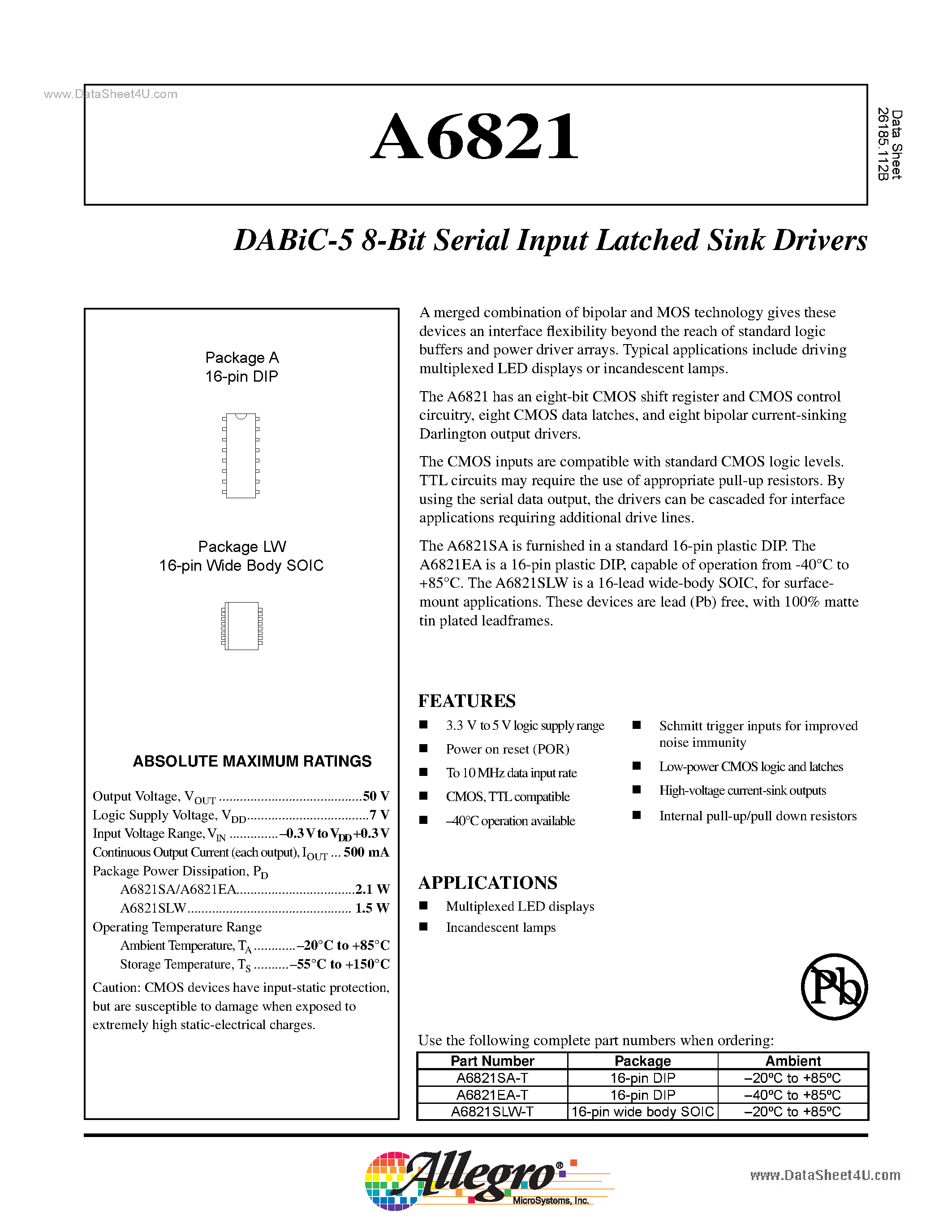 Datasheet A6821 page 1 Datasheet A6821 - DABiC-5 8-Bit Serial Input Latched Sink Drivers page 1