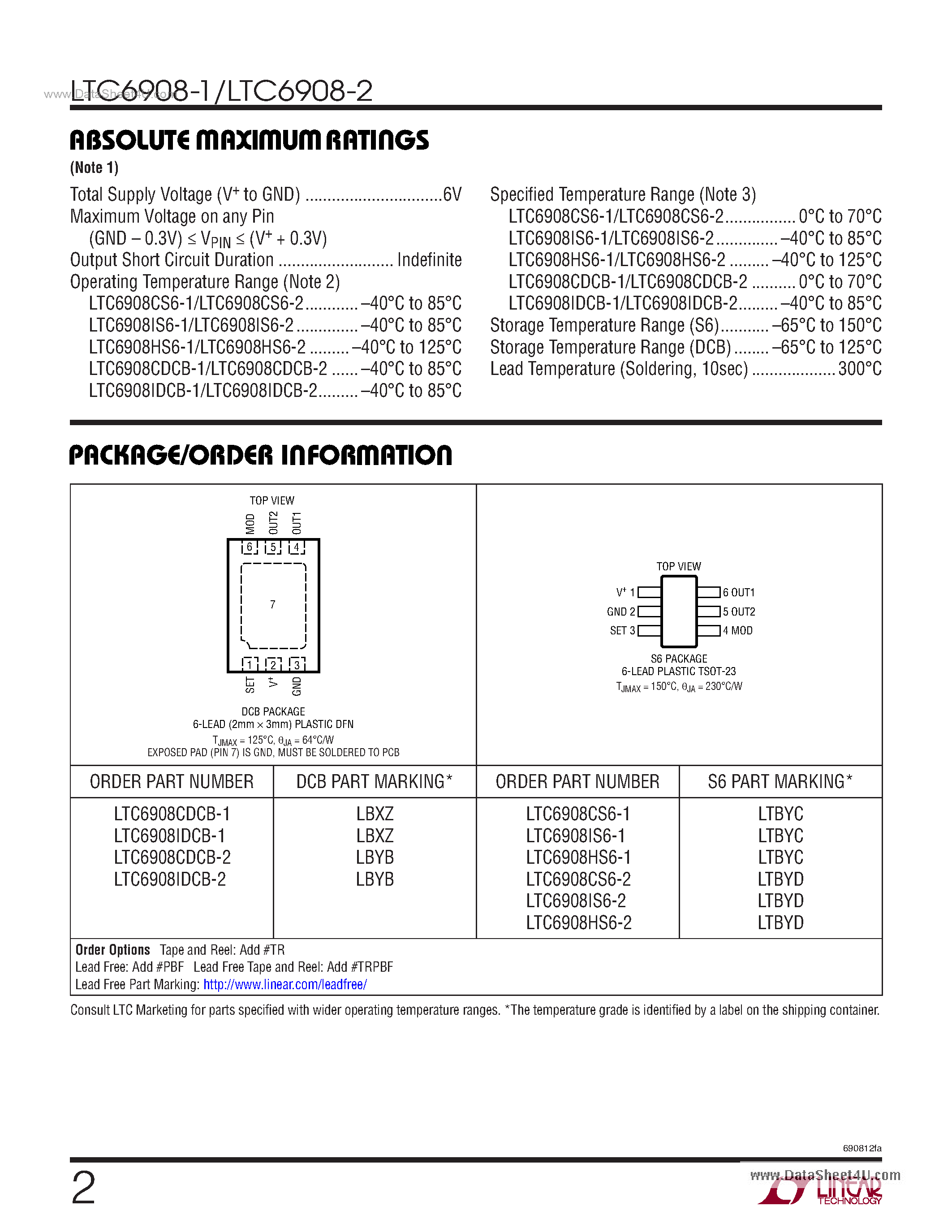 Datasheet LTC6908-1 - Resistor Set SOT-23 Oscillator page 2