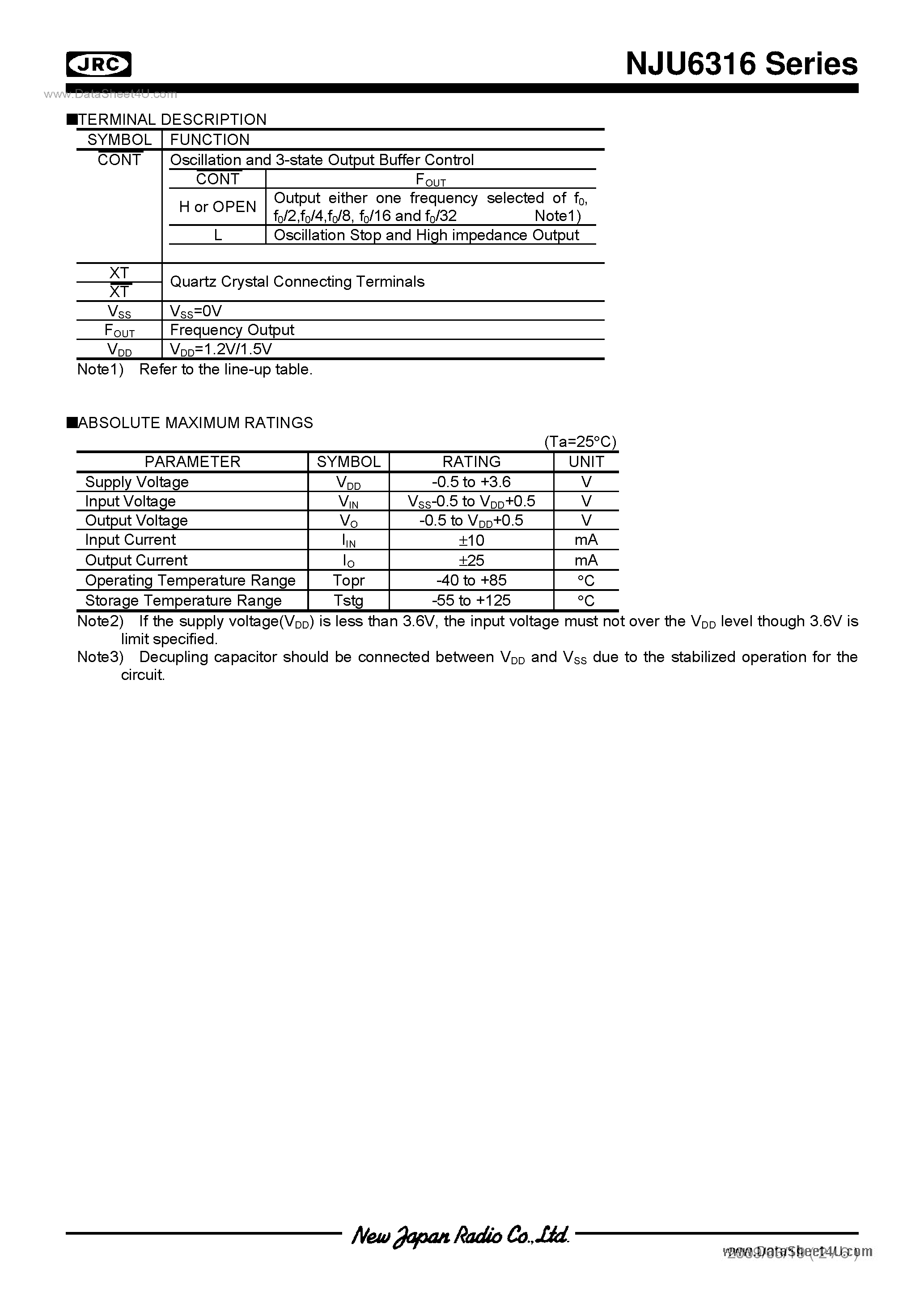 Datasheet NJU6316 - 0.9V Operation Fundamental Quartz Crystal Oscillator IC page 2