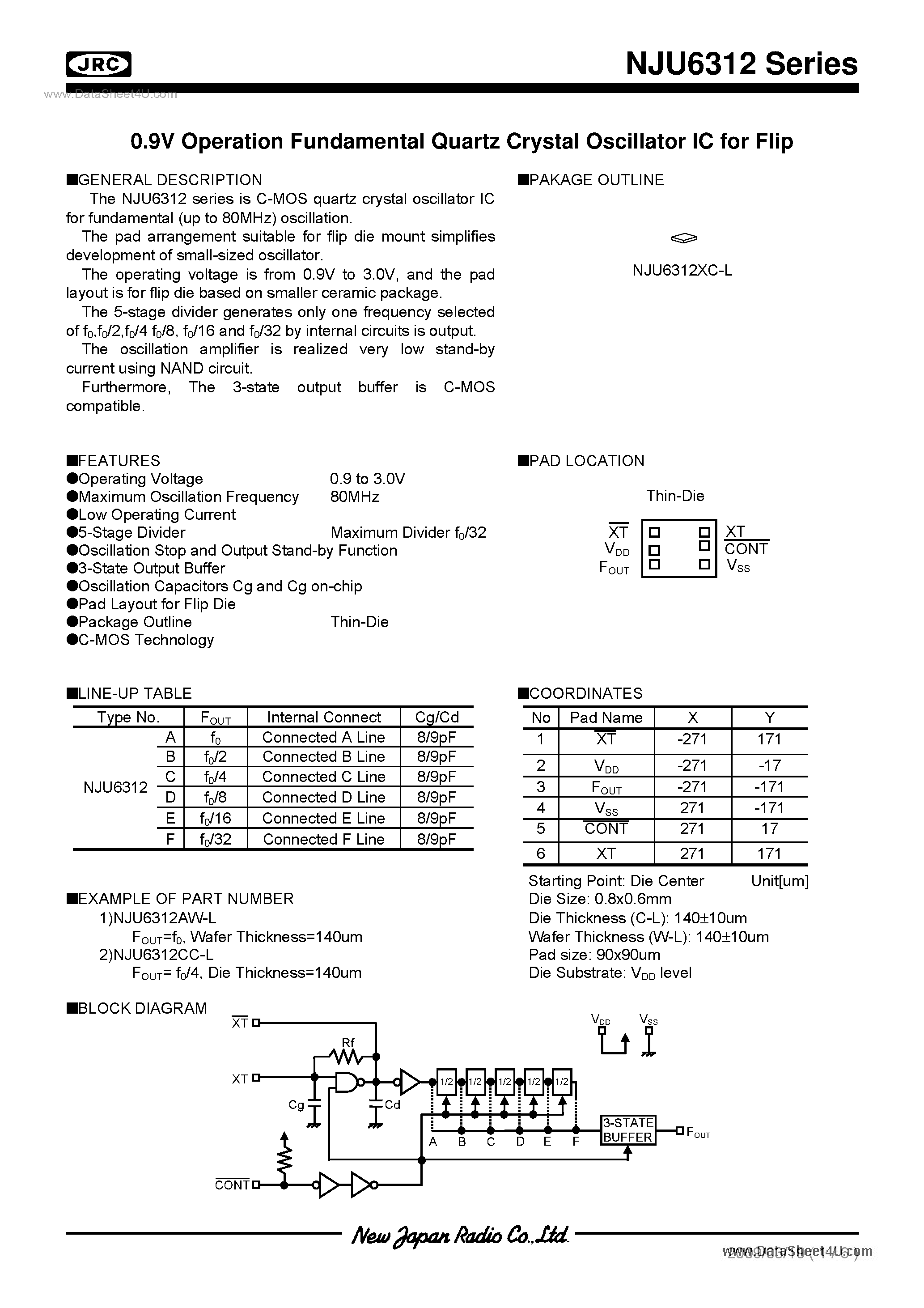 Datasheet NJU6312 - 0.9V Operation Fundamental Quartz Crystal Oscillator IC page 1